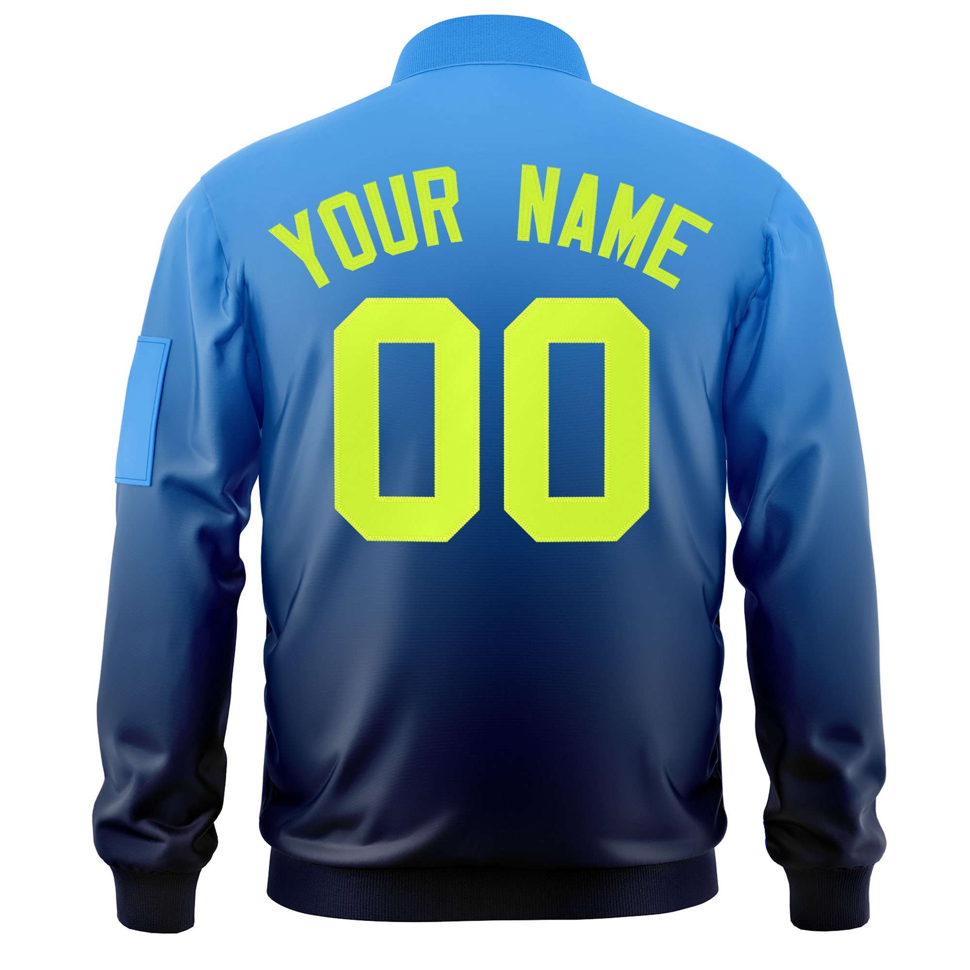 Custom Powder Blue Navy-Neon Green Varsity Full-Zip Gradient Fashion Letterman Bomber Jacket