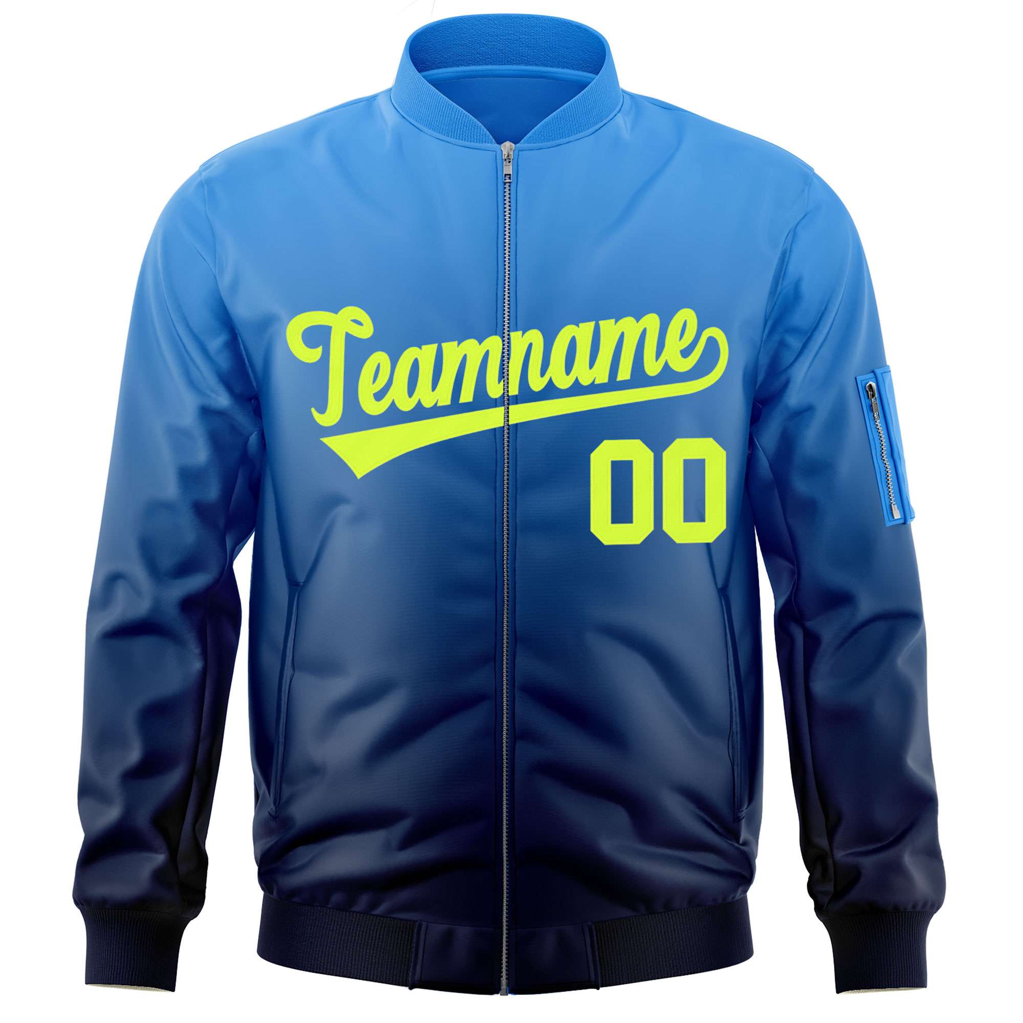 Custom Powder Blue Navy-Neon Green Varsity Full-Zip Gradient Fashion Letterman Bomber Jacket