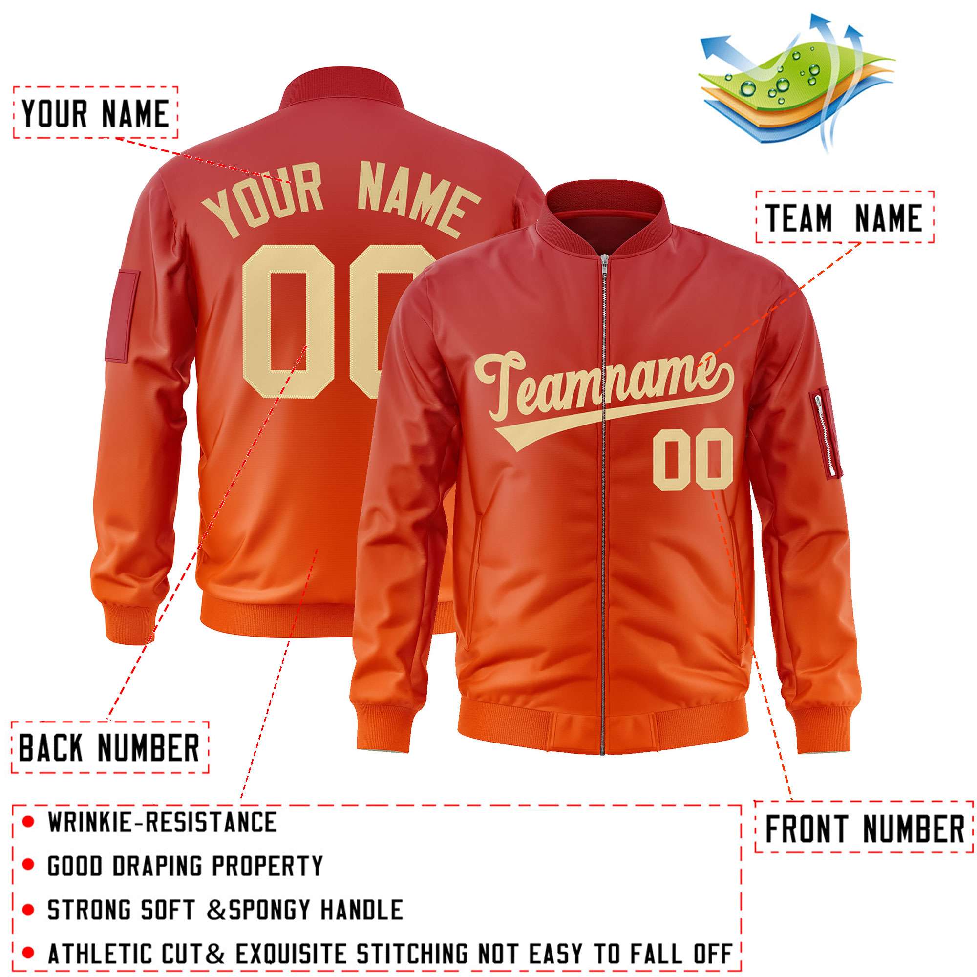 Custom Red Orange-Khaki Varsity Full-Zip Gradient Fashion Letterman Bomber Jacket