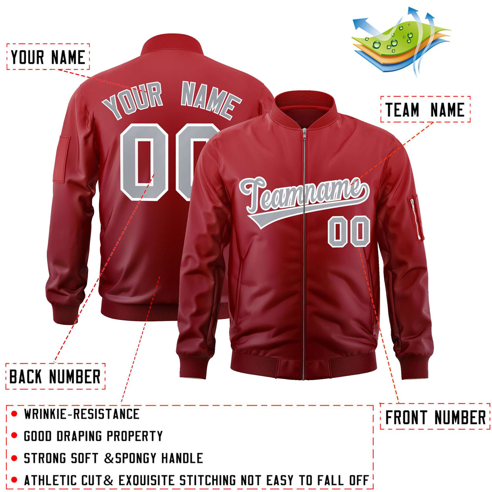 Custom Red Gray Varsity Full-Zip Gradient Fashion Letterman Bomber Jacket