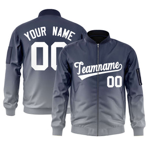 Custom Navy Gray-White Varsity Full-Zip Gradient Fashion Letterman Bomber Jacket