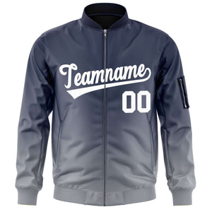 Custom Navy Gray-White Varsity Full-Zip Gradient Fashion Letterman Bomber Jacket