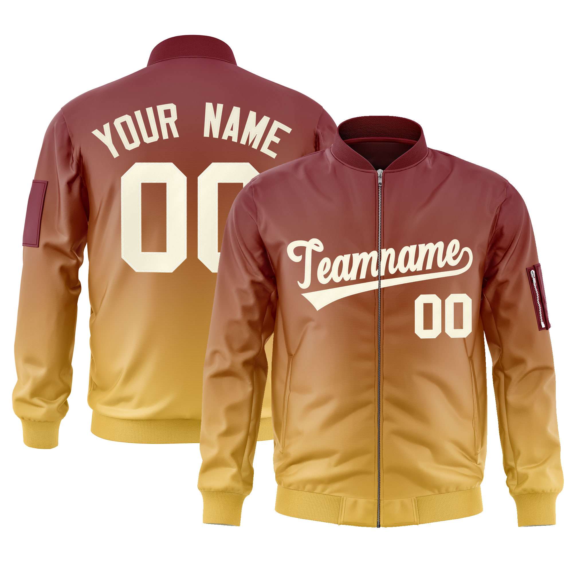 Custom Crimson Yellow-Cream Varsity Full-Zip Gradient Fashion Letterman Bomber Jacket