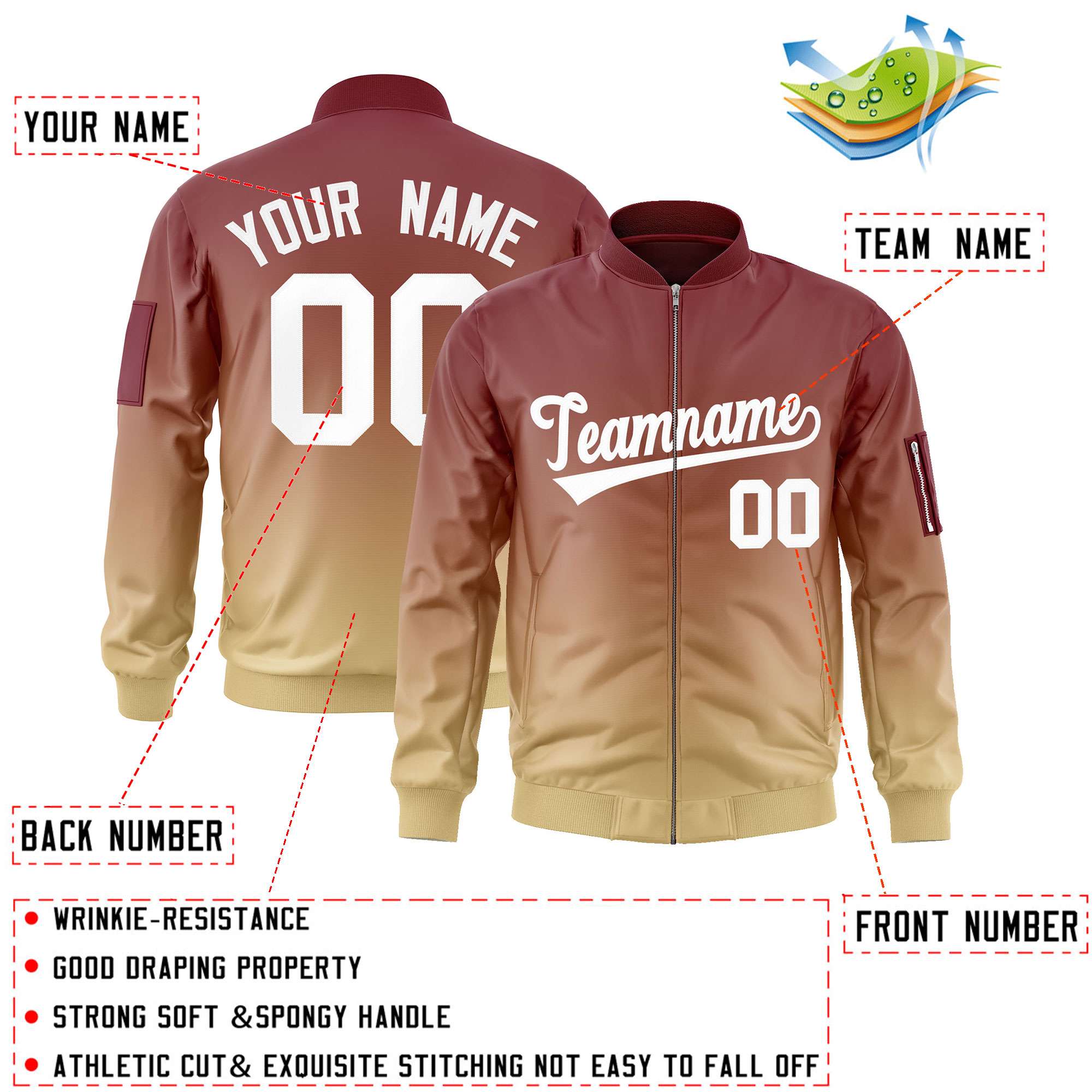 Custom Crimson Khaki-White Varsity Full-Zip Gradient Fashion Letterman Bomber Jacket