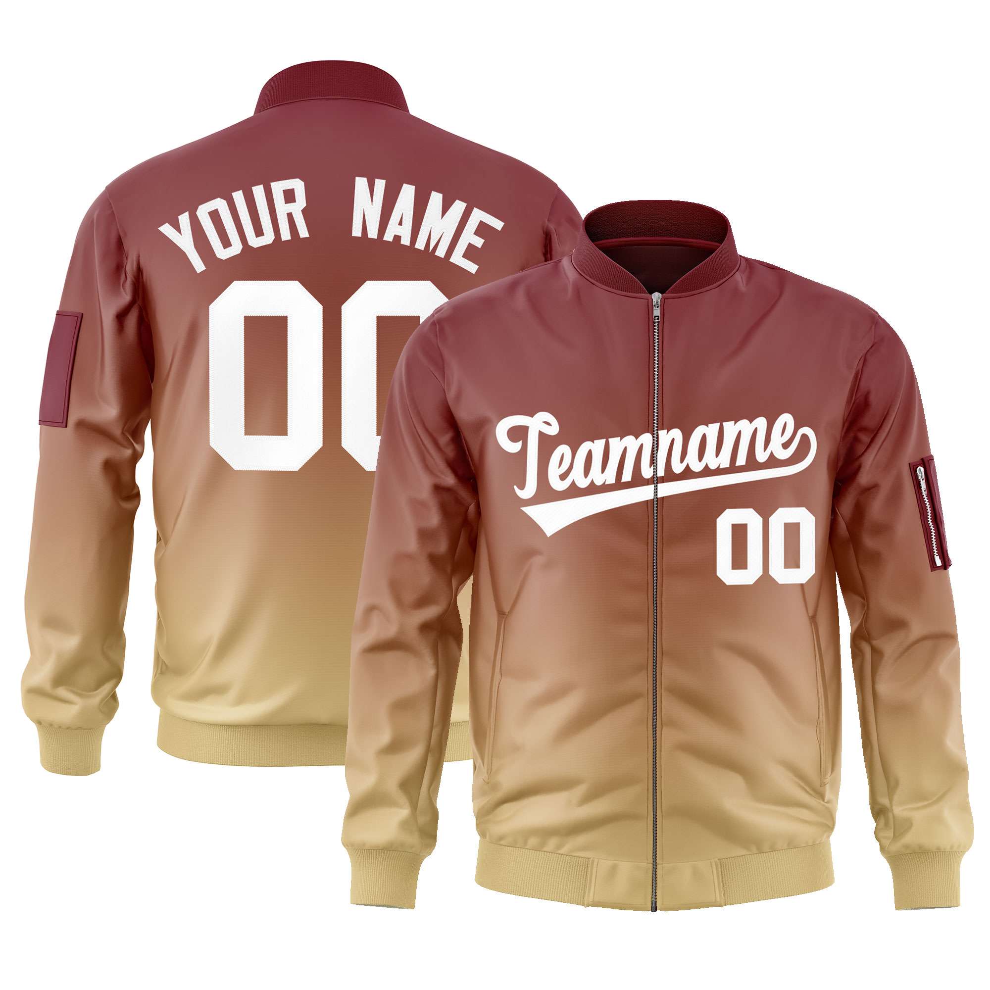 Custom Crimson Khaki-White Varsity Full-Zip Gradient Fashion Letterman Bomber Jacket