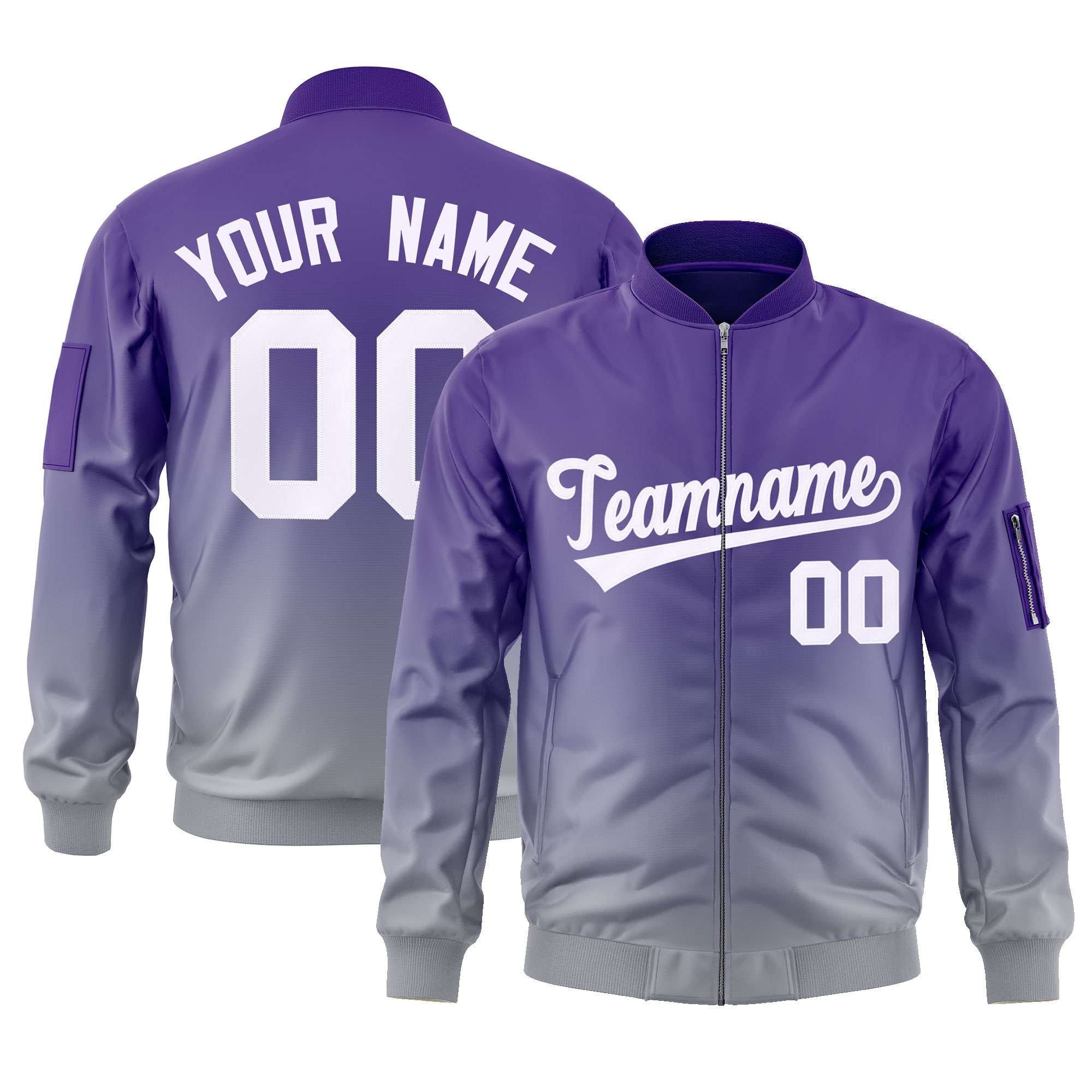 Custom Purple Gray-White Varsity Full-Zip Gradient Fashion Letterman Bomber Jacket