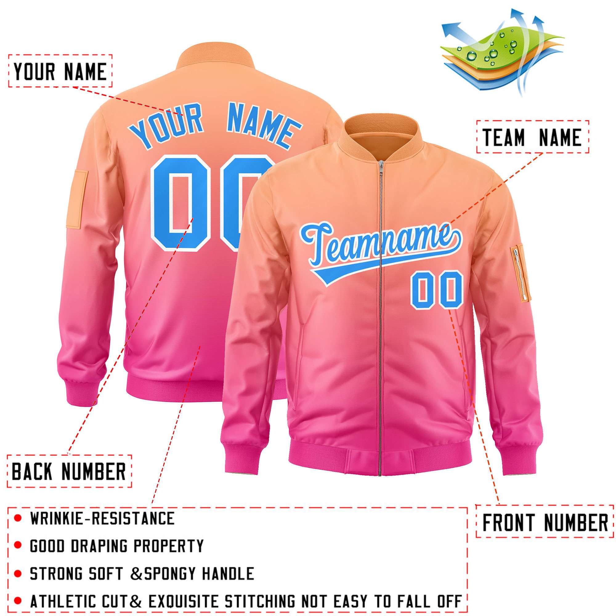 Custom Orange Pink-Powder Blue Varsity Full-Zip Gradient Fashion Letterman Bomber Jacket