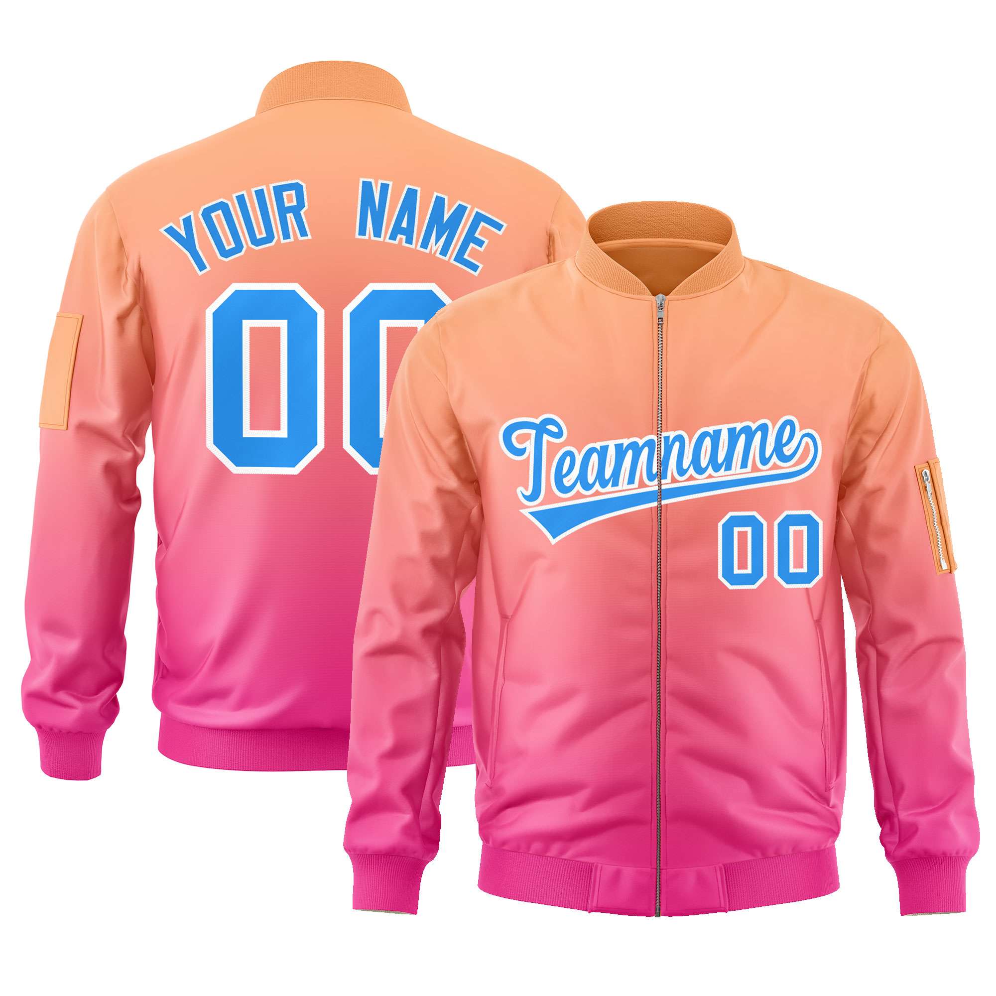 Custom Orange Pink-Powder Blue Varsity Full-Zip Gradient Fashion Letterman Bomber Jacket