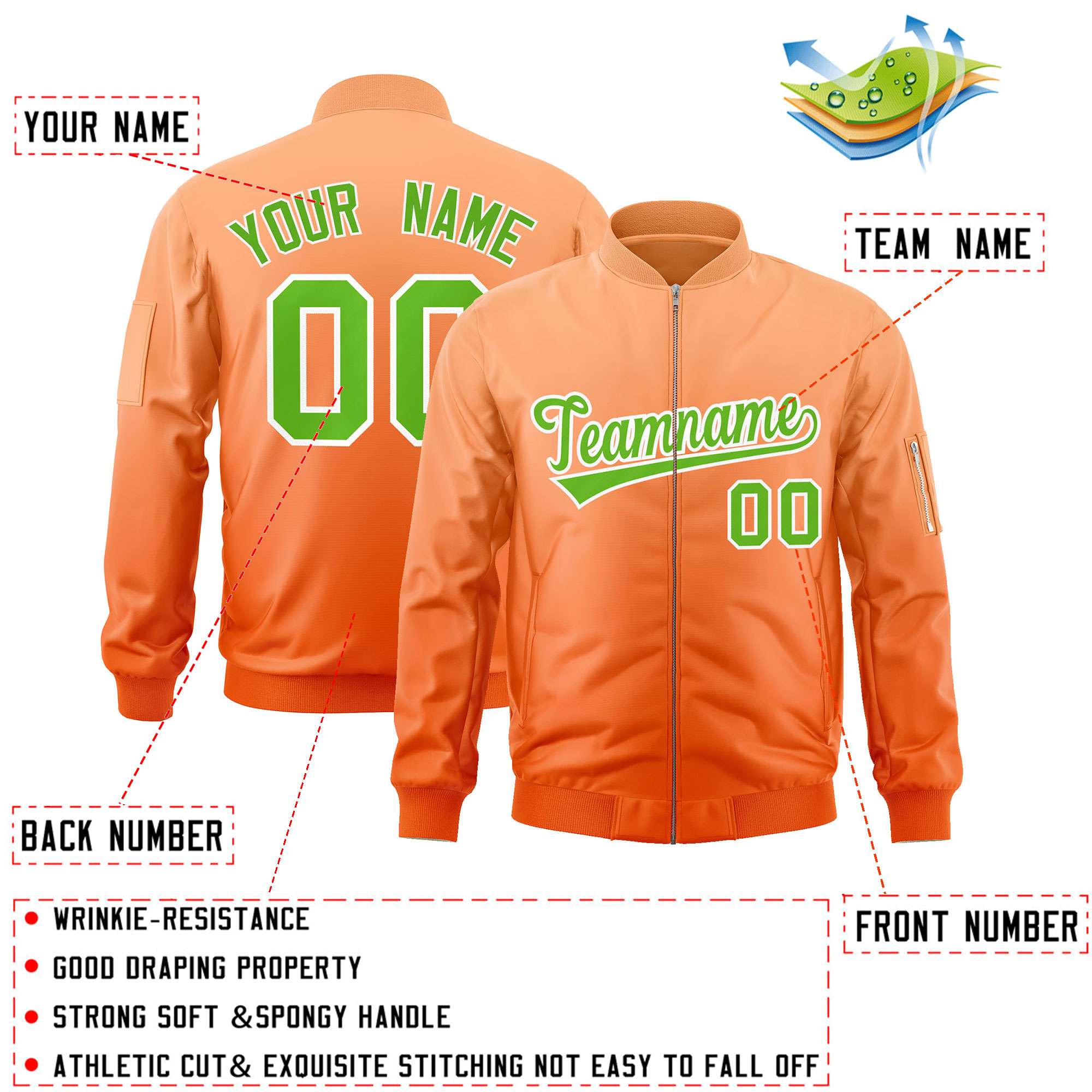 Custom Orange Green Varsity Full-Zip Gradient Fashion Letterman Bomber Jacket