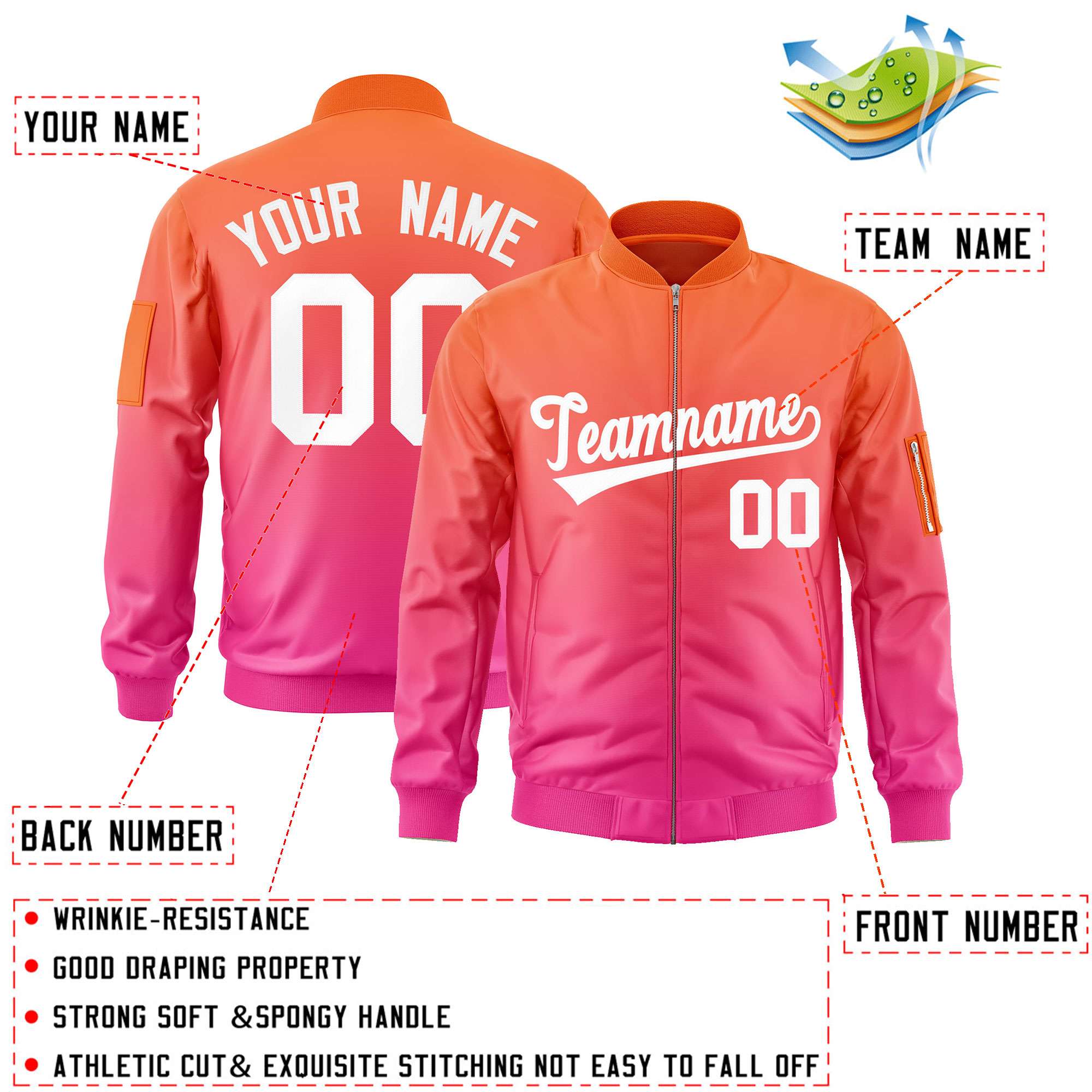 Custom Orange Pink-White Varsity Full-Zip Gradient Fashion Letterman Bomber Jacket