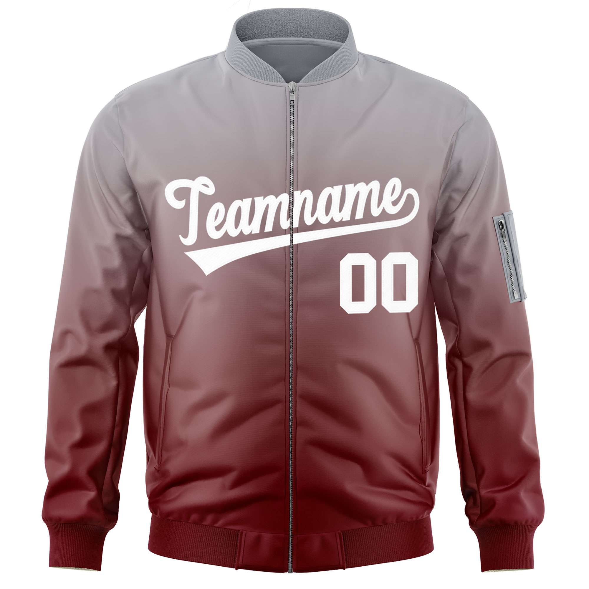 Custom Gray Crimson-White Varsity Full-Zip Gradient Fashion Letterman Bomber Jacket