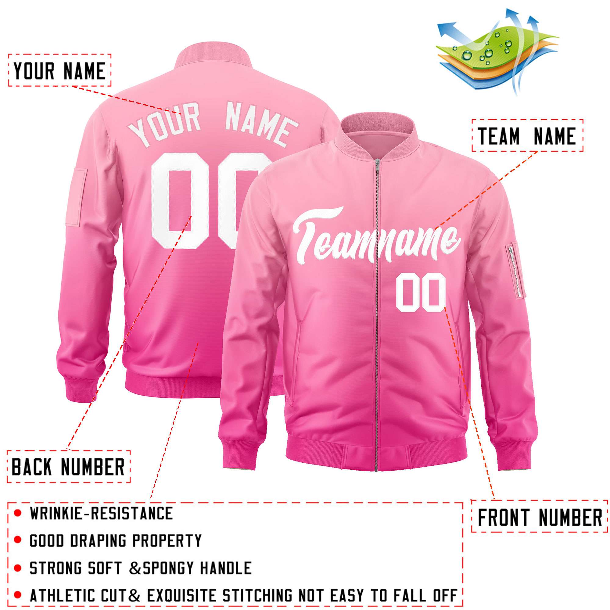 Custom Pink White Varsity Full-Zip Gradient Fashion Letterman Bomber Jacket