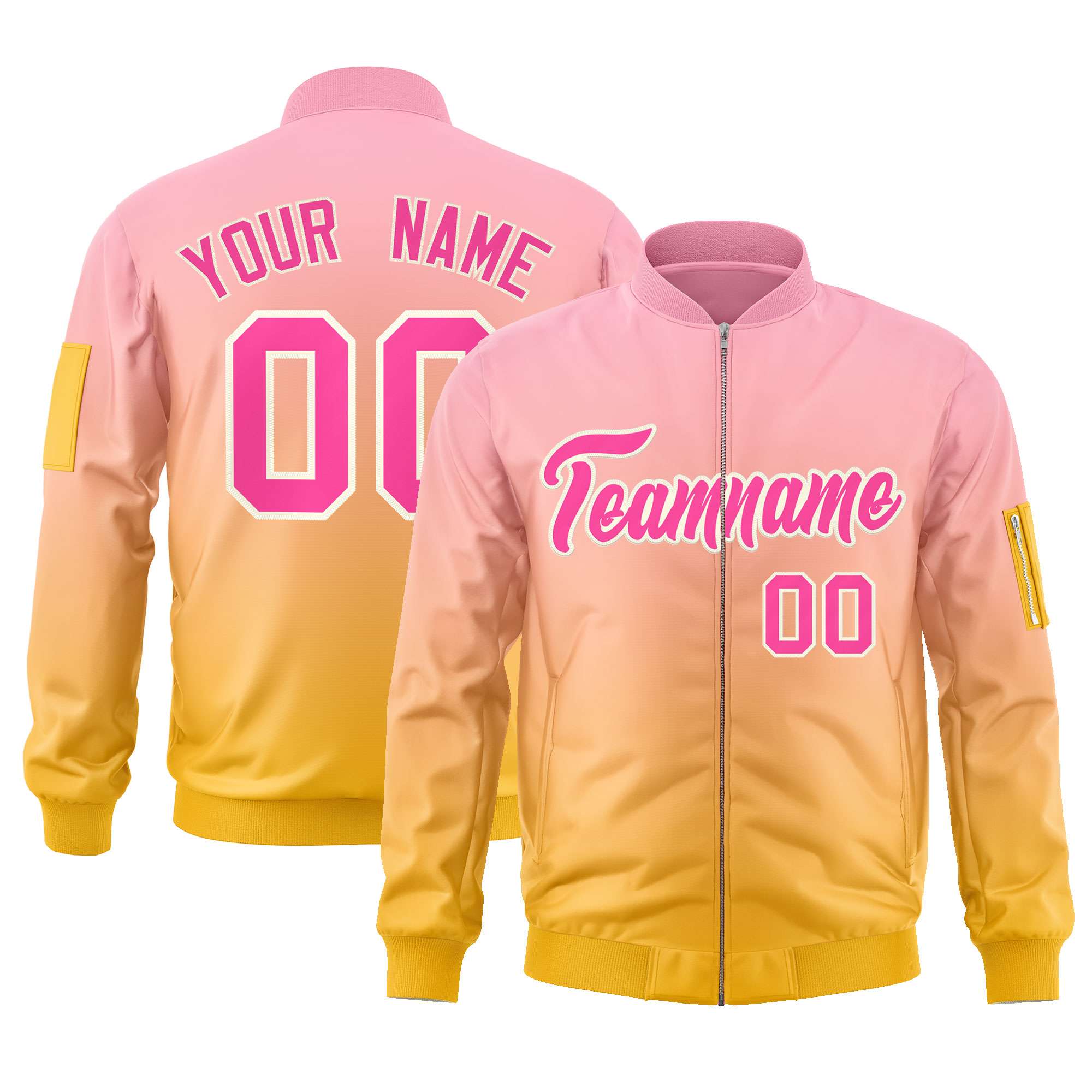 Custom Pink Gold Varsity Full-Zip Gradient Fashion Letterman Bomber Jacket