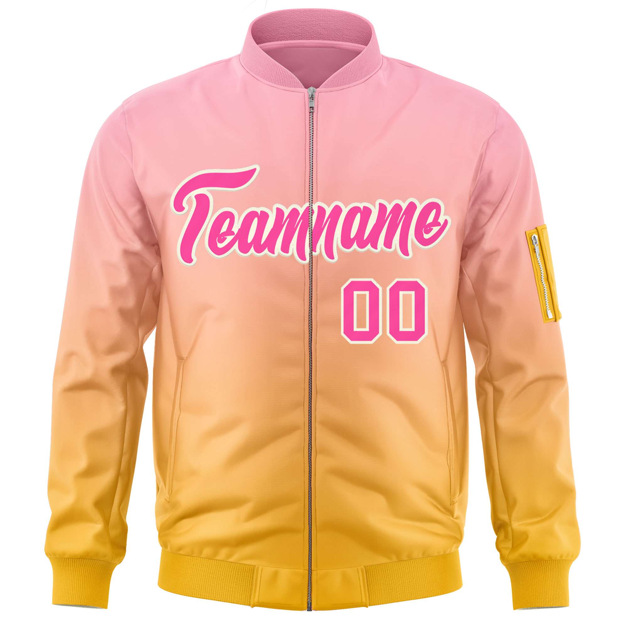 Custom Pink Gold Varsity Full-Zip Gradient Fashion Letterman Bomber Jacket