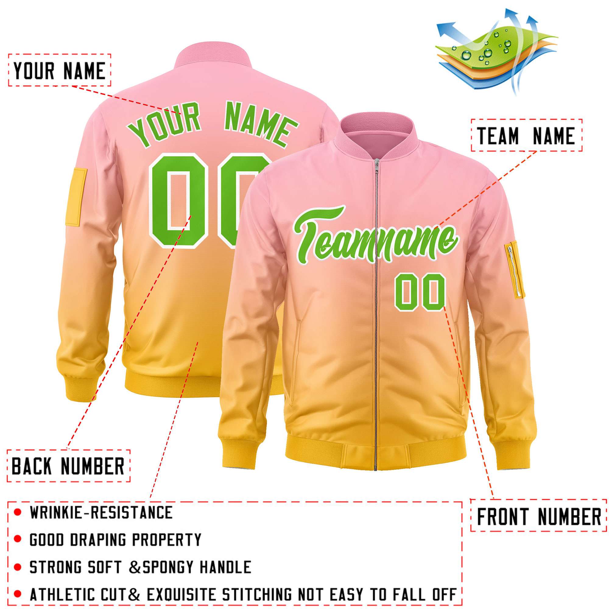 Custom Pink Gold-Green Varsity Full-Zip Gradient Fashion Letterman Bomber Jacket