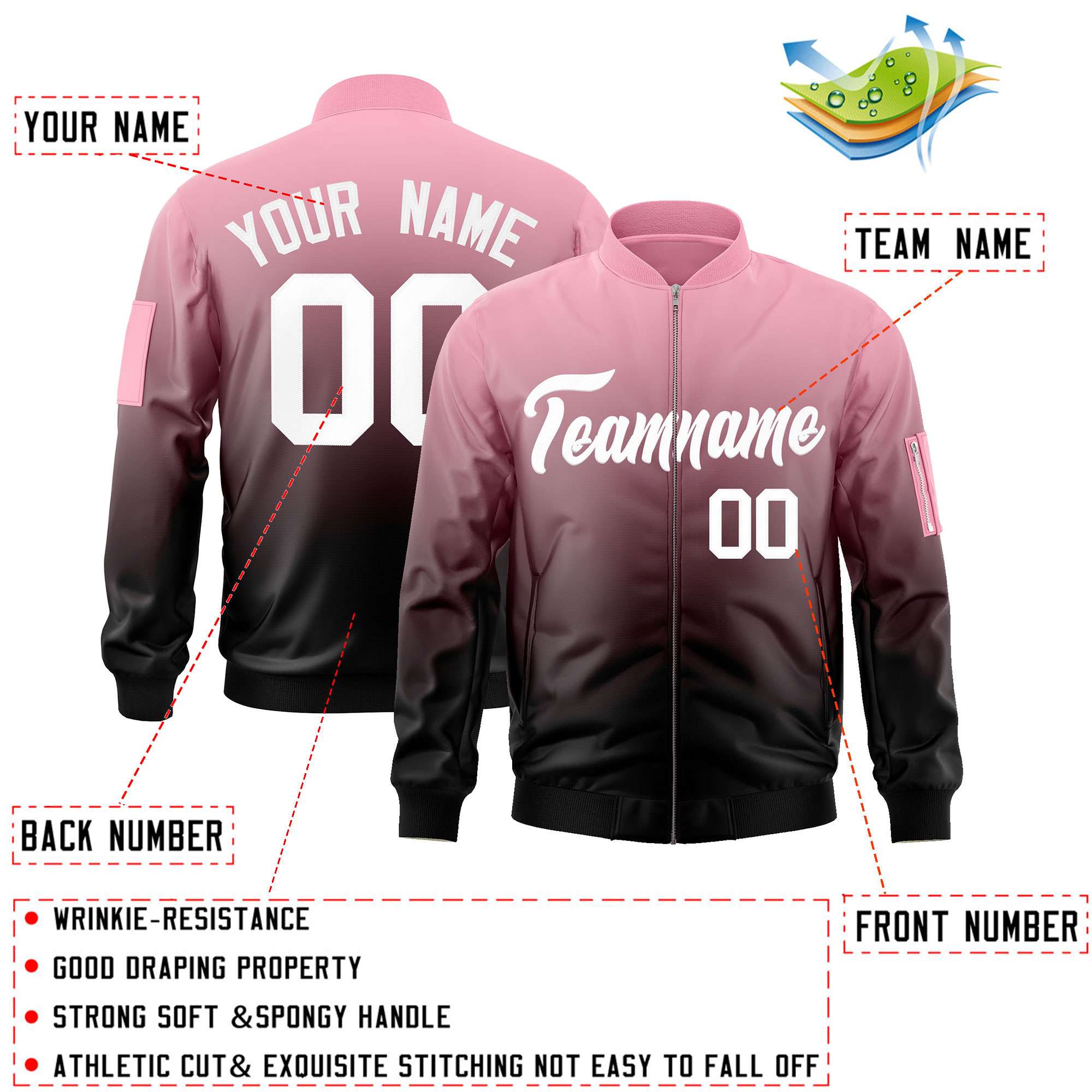 Custom Pink Black-White Varsity Full-Zip Gradient Fashion Letterman Bomber Jacket