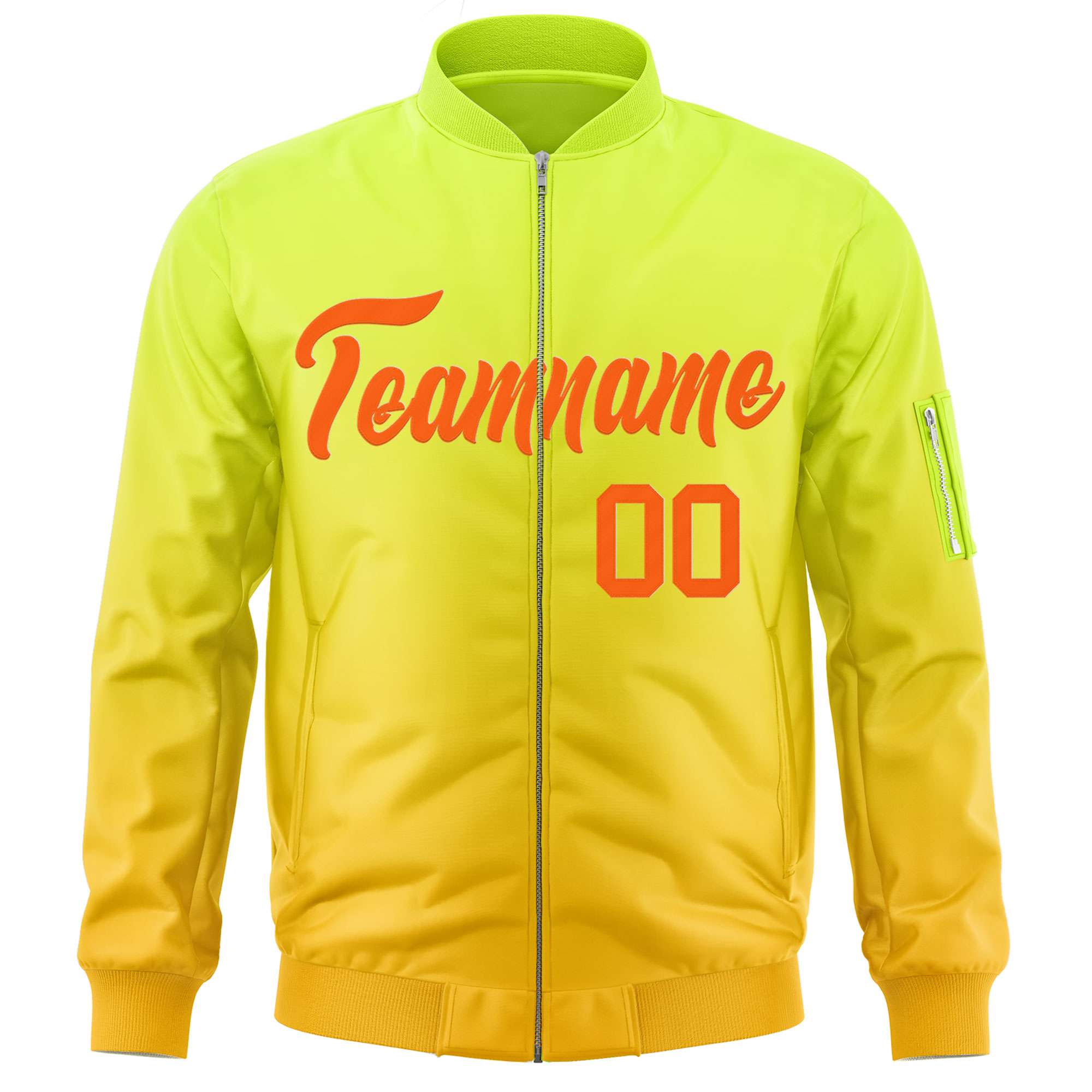 Custom Neon Green Gold-Orange Varsity Full-Zip Gradient Fashion Letterman Bomber Jacket