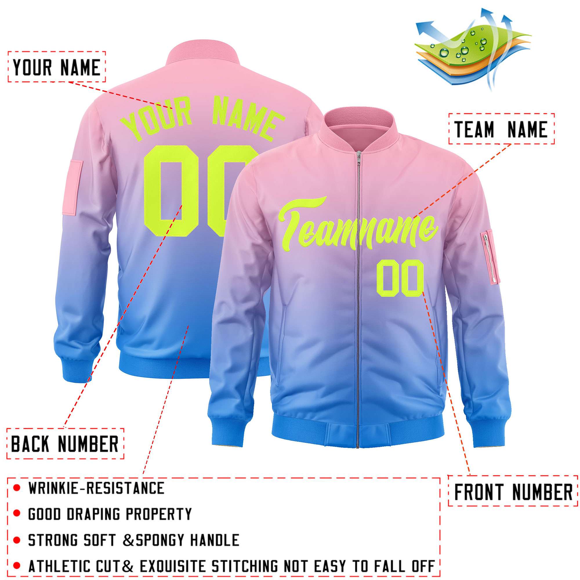 Custom Pink Powder Blue-Neon Green Varsity Full-Zip Gradient Fashion Letterman Bomber Jacket