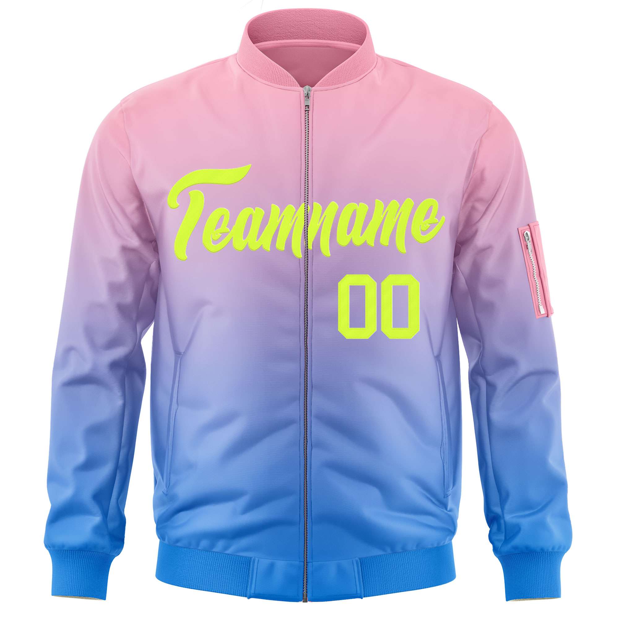 Custom Pink Powder Blue-Neon Green Varsity Full-Zip Gradient Fashion Letterman Bomber Jacket