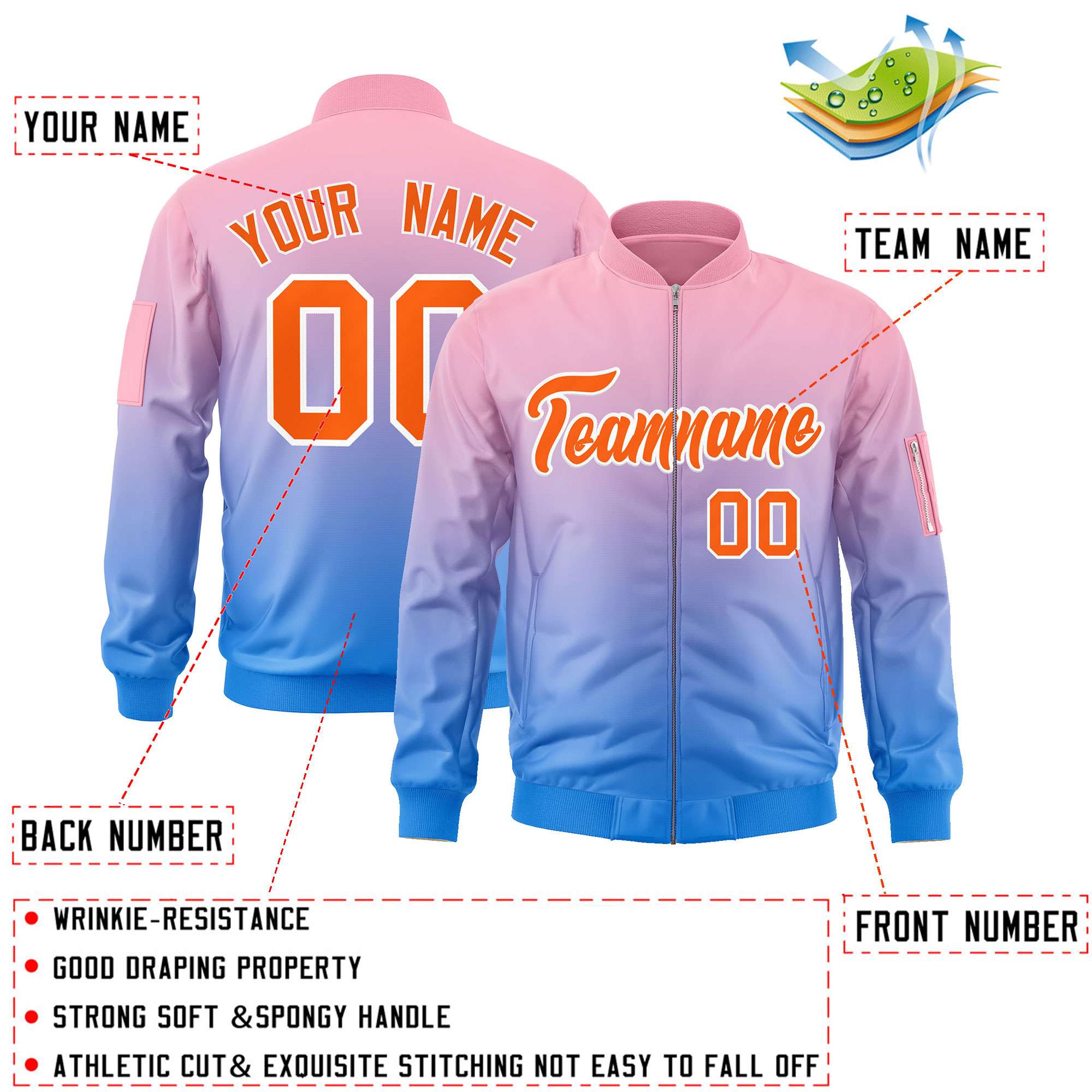 Custom Pink Powder Blue-Orange Varsity Full-Zip Gradient Fashion Letterman Bomber Jacket