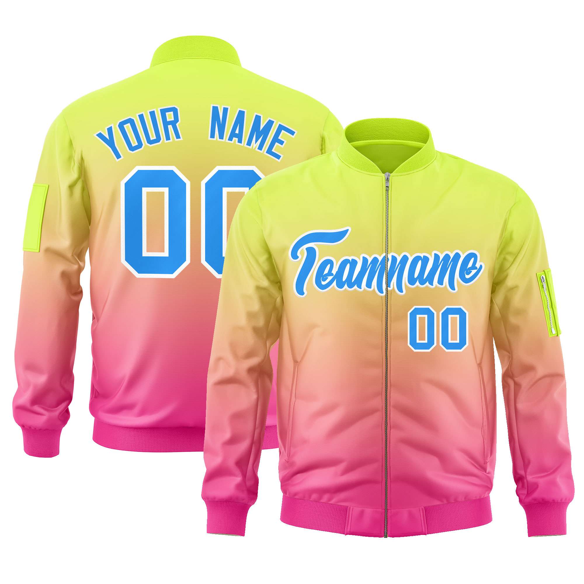 Custom Neon Green Pink-Powder Blue Varsity Full-Zip Gradient Fashion Letterman Bomber Jacket