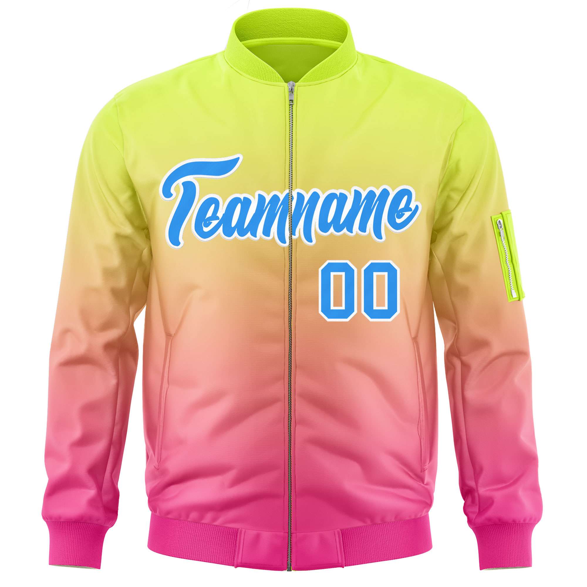 Custom Neon Green Pink-Powder Blue Varsity Full-Zip Gradient Fashion Letterman Bomber Jacket