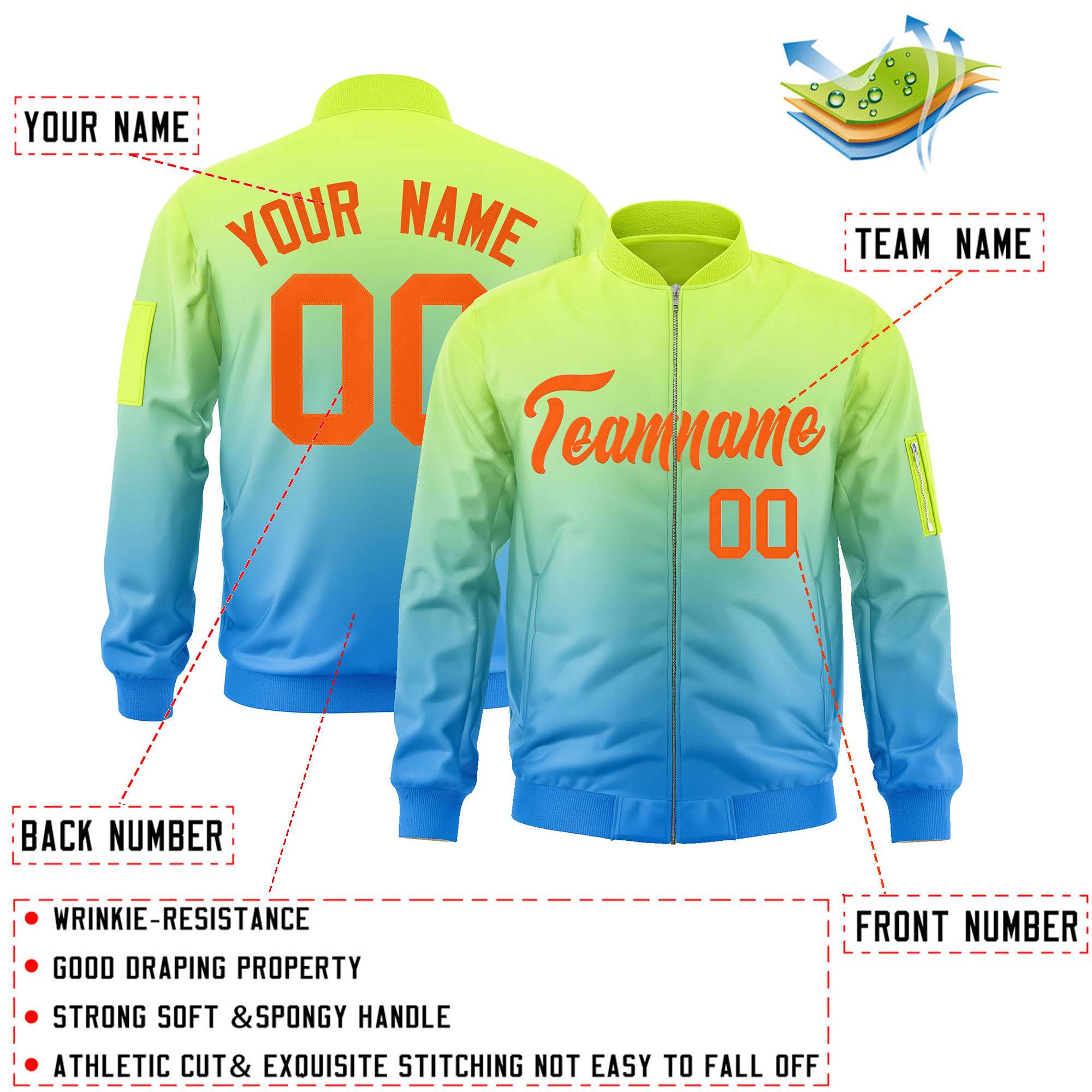 Custom Neon Green Powder Blue-Orange Varsity Full-Zip Gradient Fashion Letterman Bomber Jacket