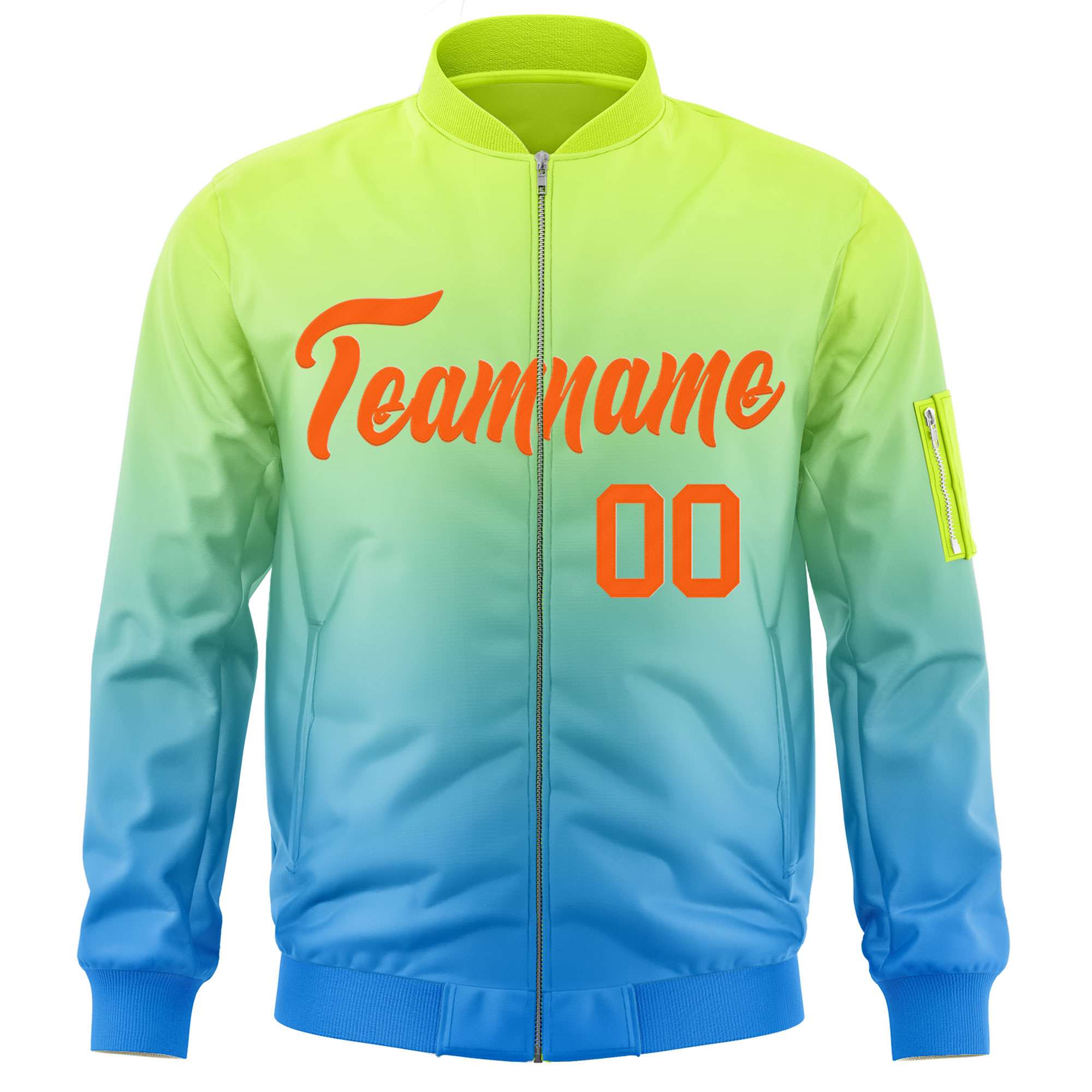 Custom Neon Green Powder Blue-Orange Varsity Full-Zip Gradient Fashion Letterman Bomber Jacket