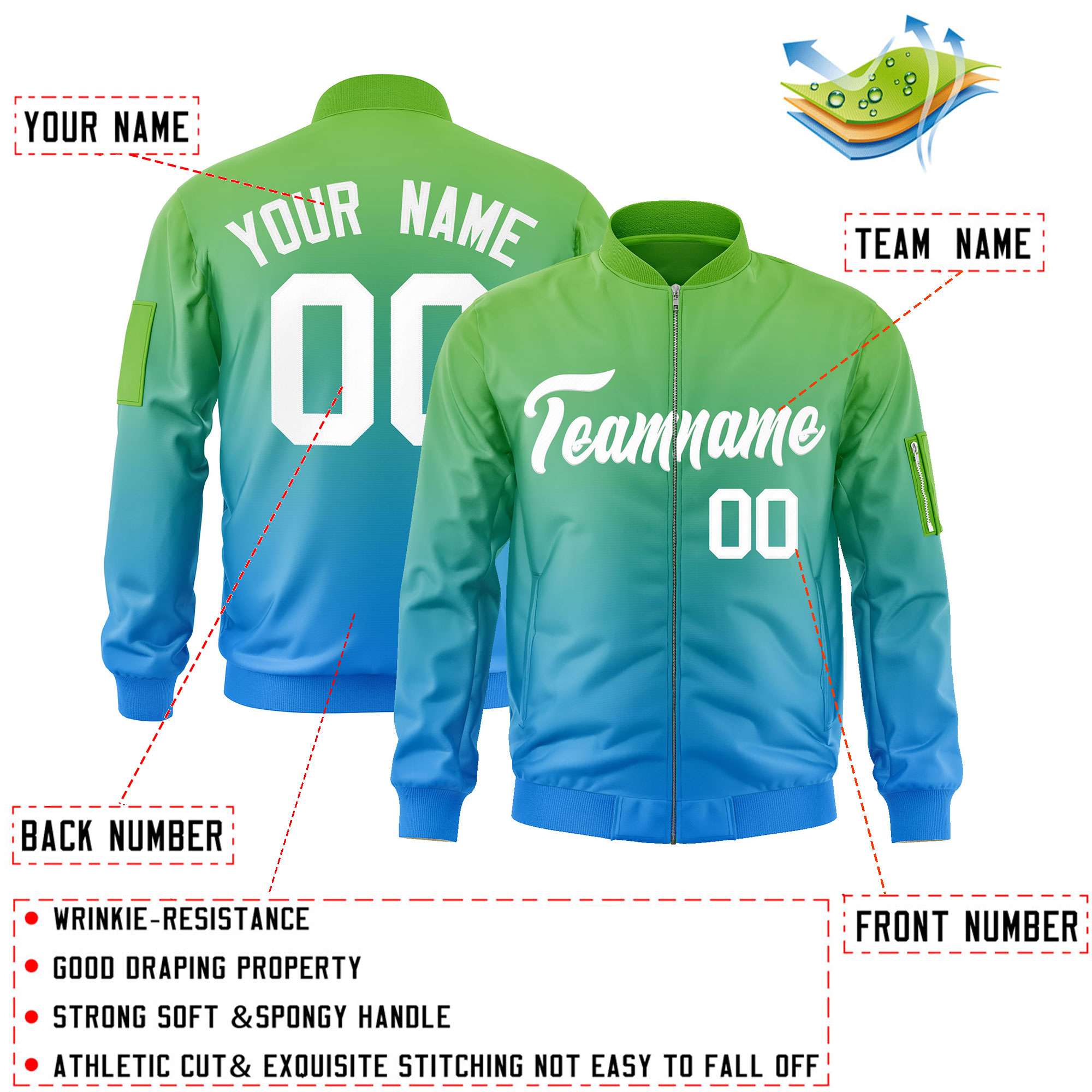 Custom Green Powder Blue-White Varsity Full-Zip Gradient Fashion Letterman Bomber Jacket