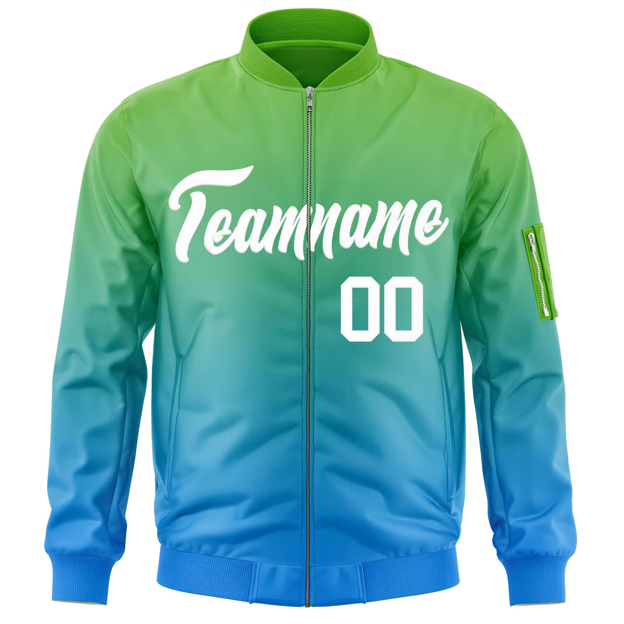 Custom Green Powder Blue-White Varsity Full-Zip Gradient Fashion Letterman Bomber Jacket