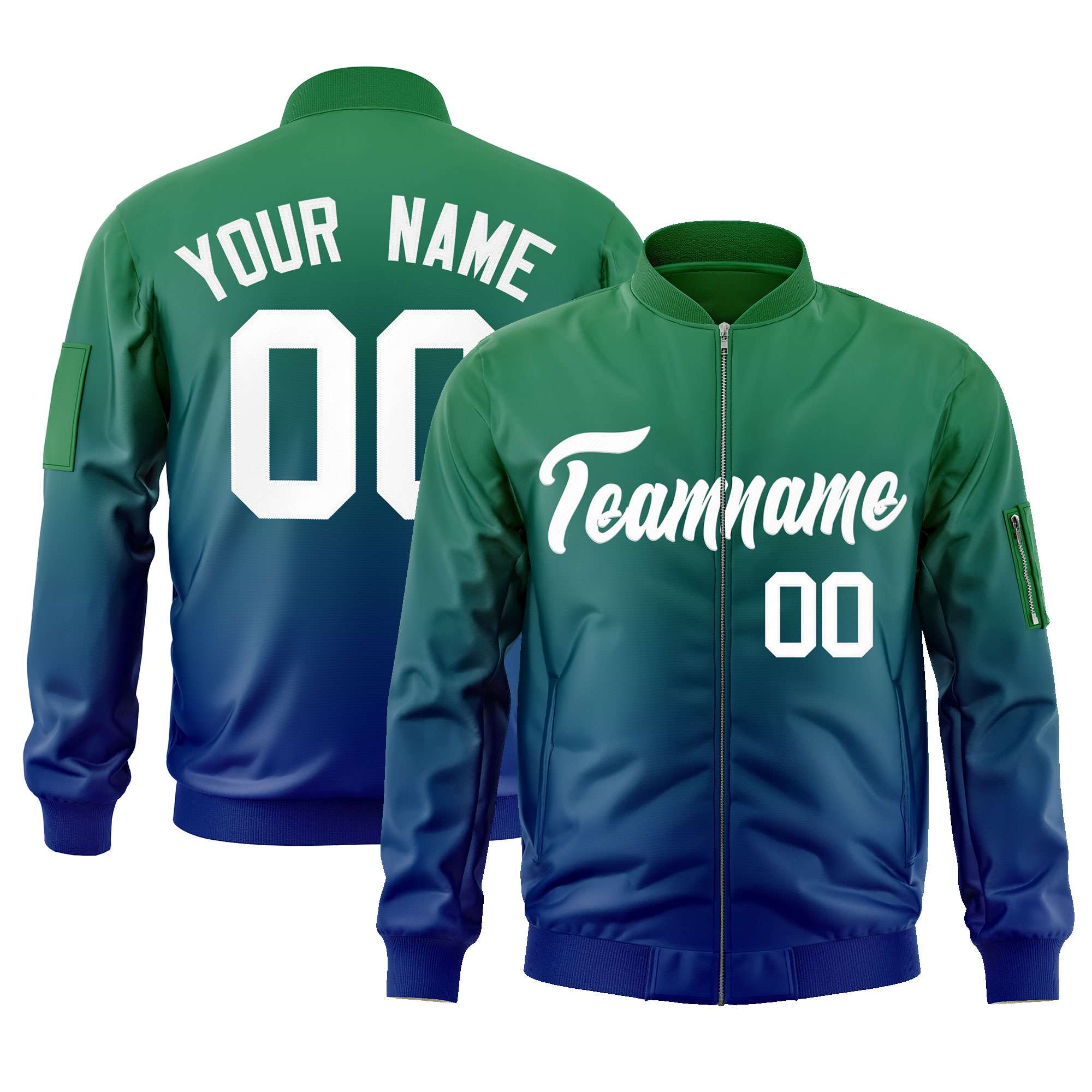 Custom Kelly Green Royal-White Varsity Full-Zip Gradient Fashion Letterman Bomber Jacket