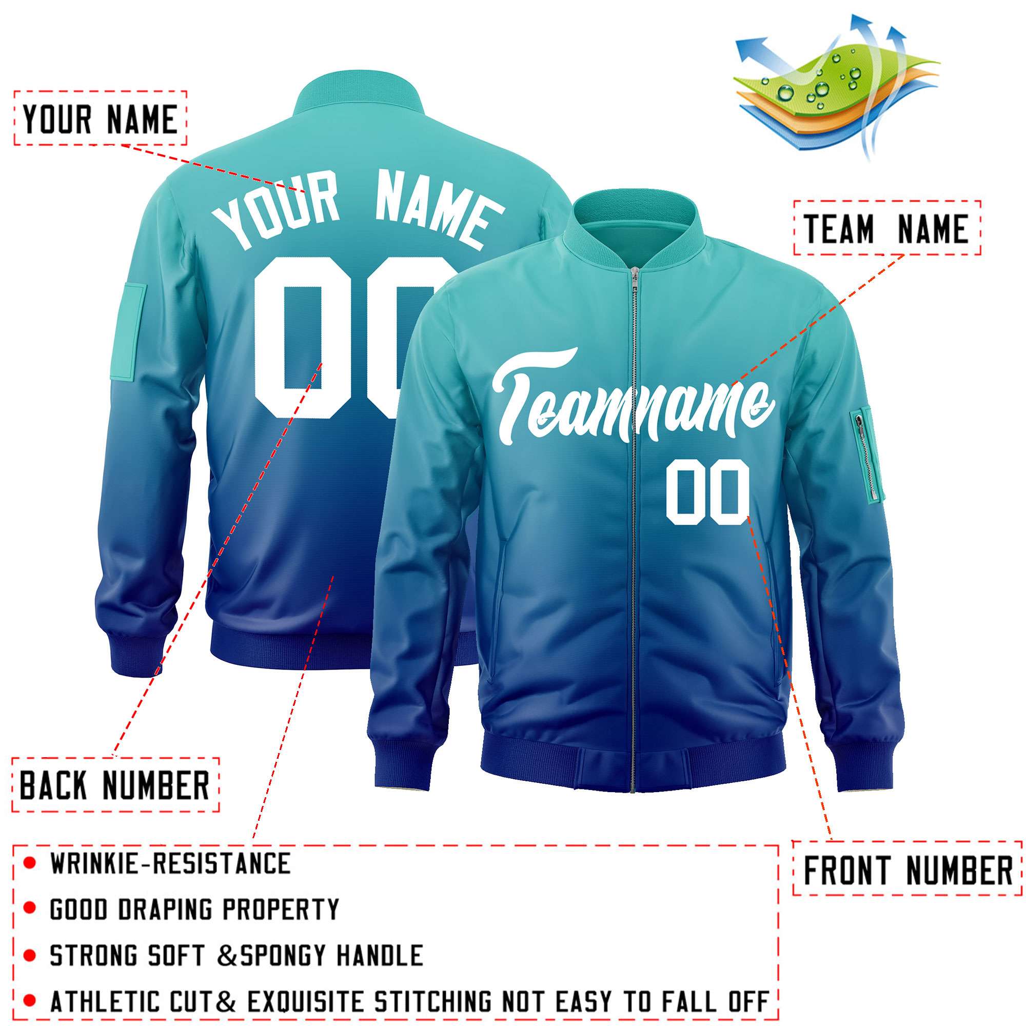 Custom Aqua Royal-White Varsity Full-Zip Gradient Fashion Letterman Bomber Jacket