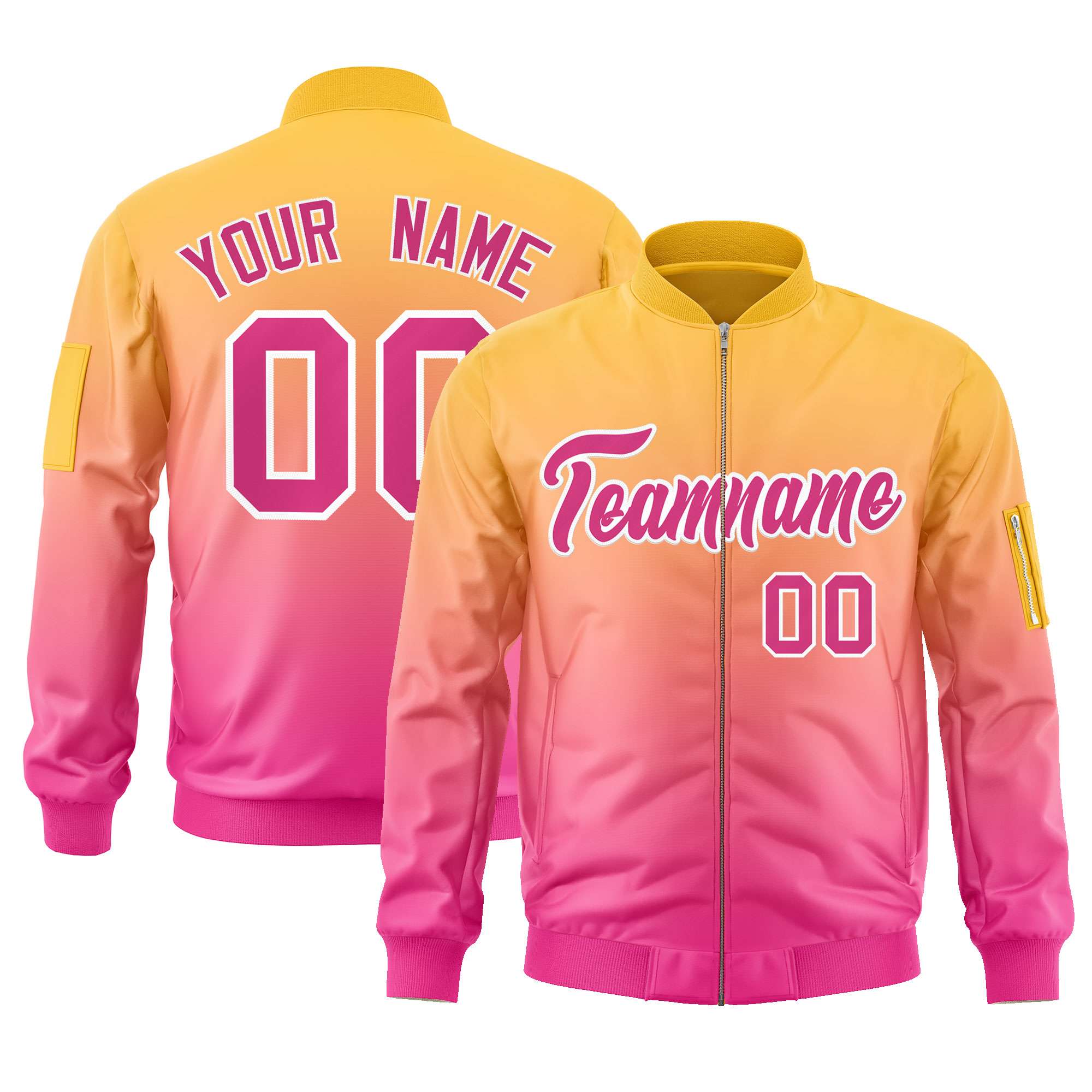 Custom Gold Pink Varsity Full-Zip Gradient Fashion Letterman Bomber Jacket