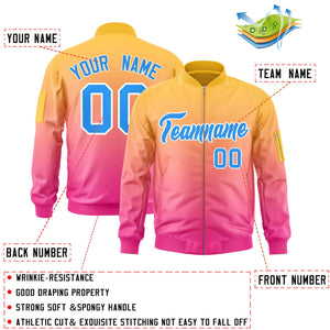 Custom Gold Pink-Powder Blue Varsity Full-Zip Gradient Fashion Letterman Bomber Jacket