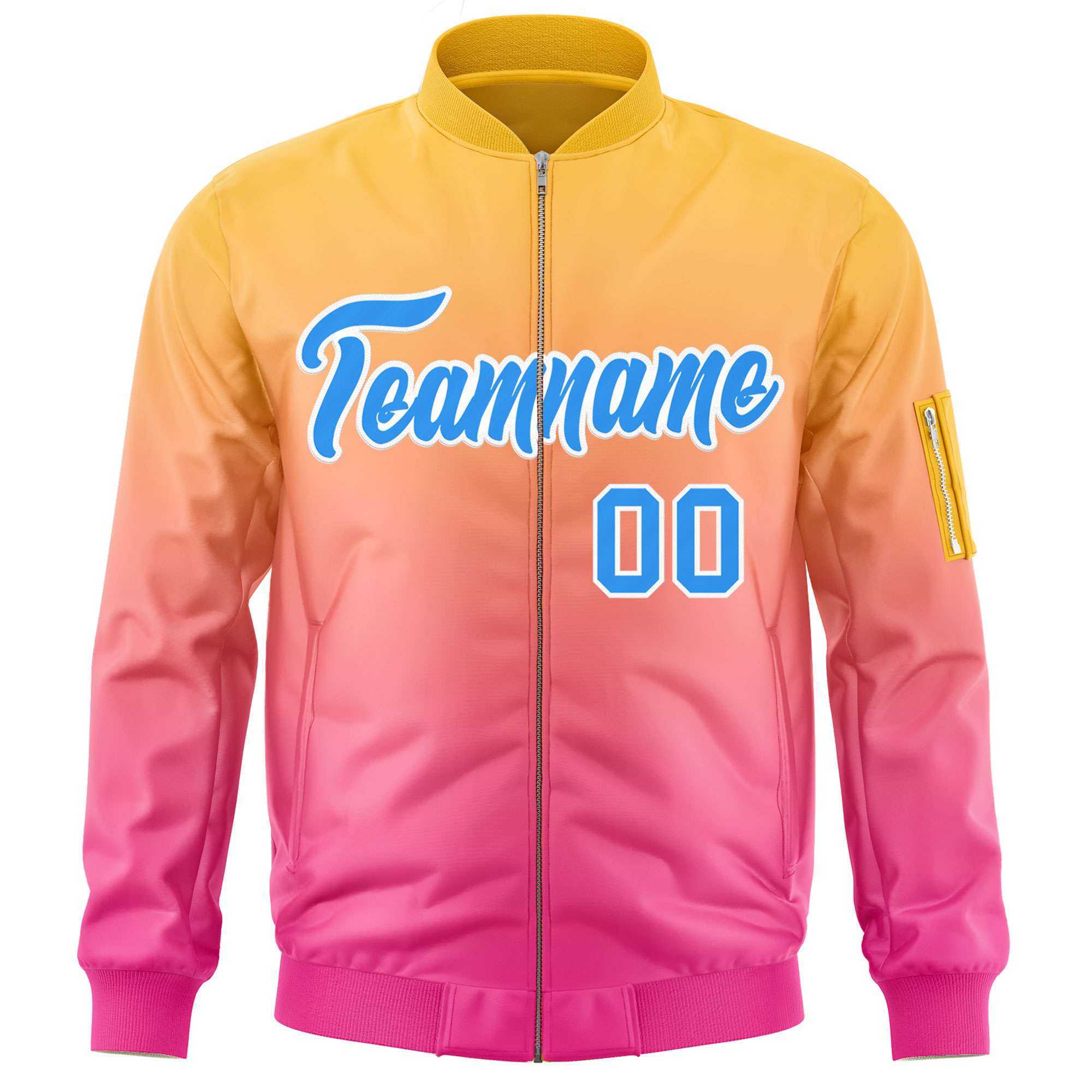 Custom Gold Pink-Powder Blue Varsity Full-Zip Gradient Fashion Letterman Bomber Jacket