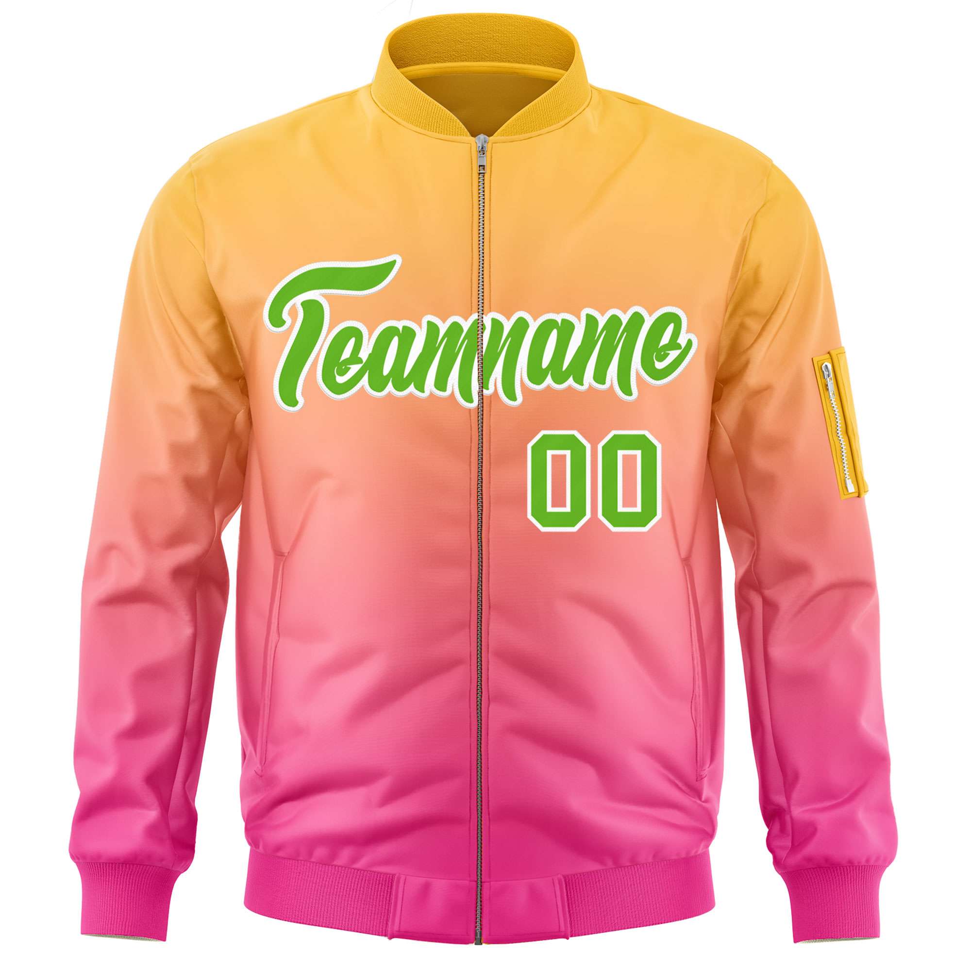 Custom Gold Pink-Green Varsity Full-Zip Gradient Fashion Letterman Bomber Jacket