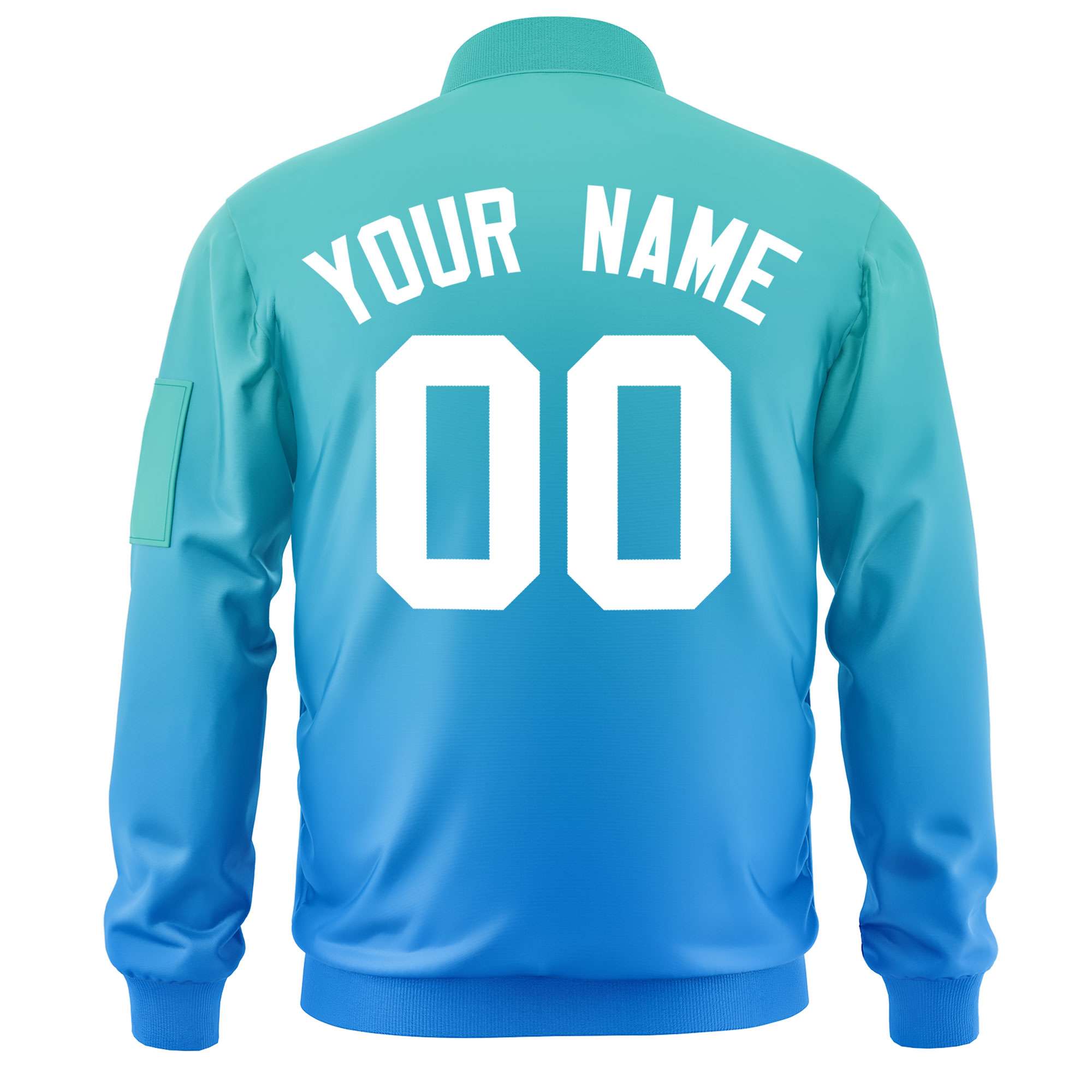 Custom Aqua Powder Blue-White Varsity Full-Zip Gradient Fashion Letterman Bomber Jacket