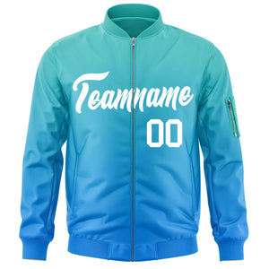 Custom Aqua Powder Blue-White Varsity Full-Zip Gradient Fashion Letterman Bomber Jacket