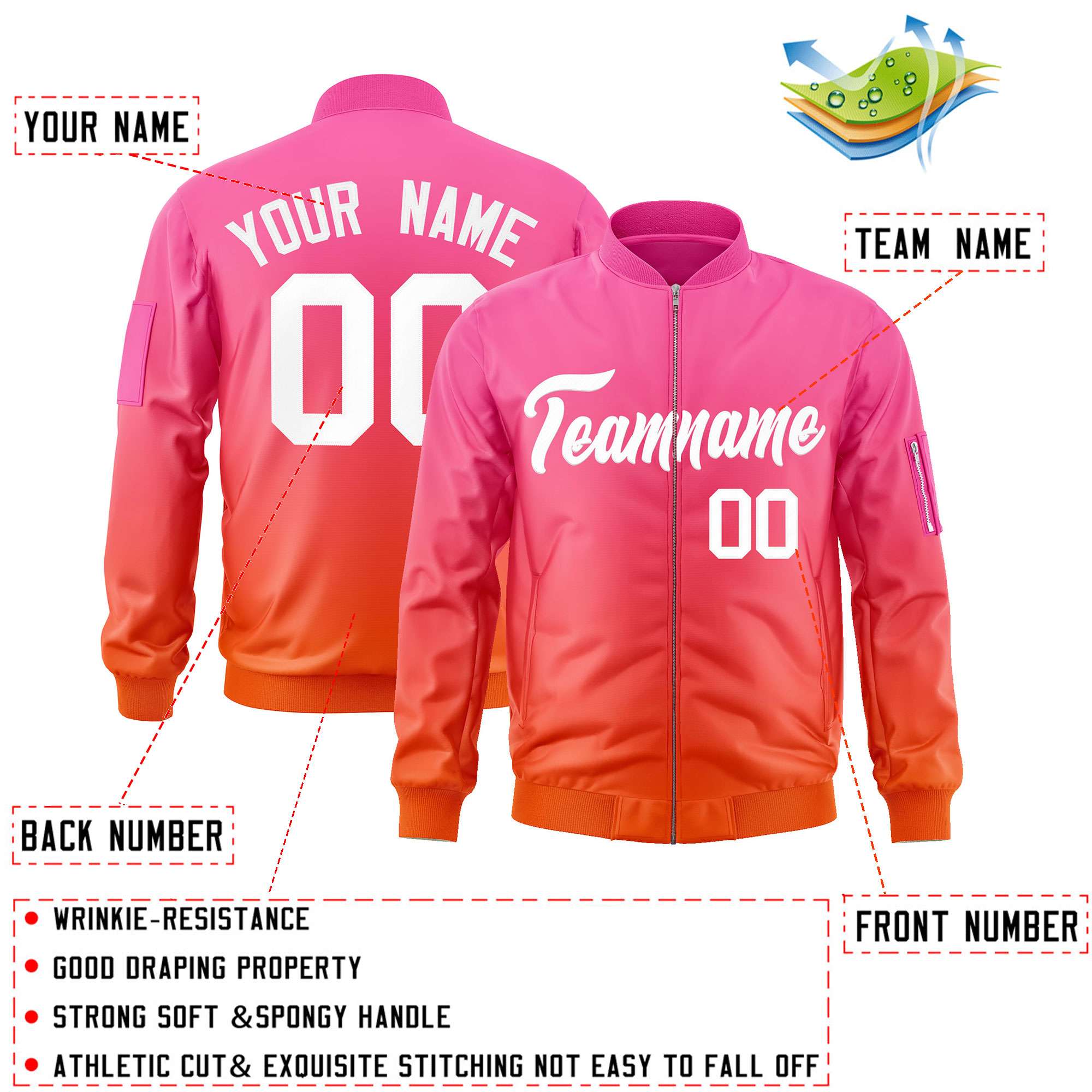 Custom Pink Orange-White Varsity Full-Zip Gradient Fashion Letterman Bomber Jacket