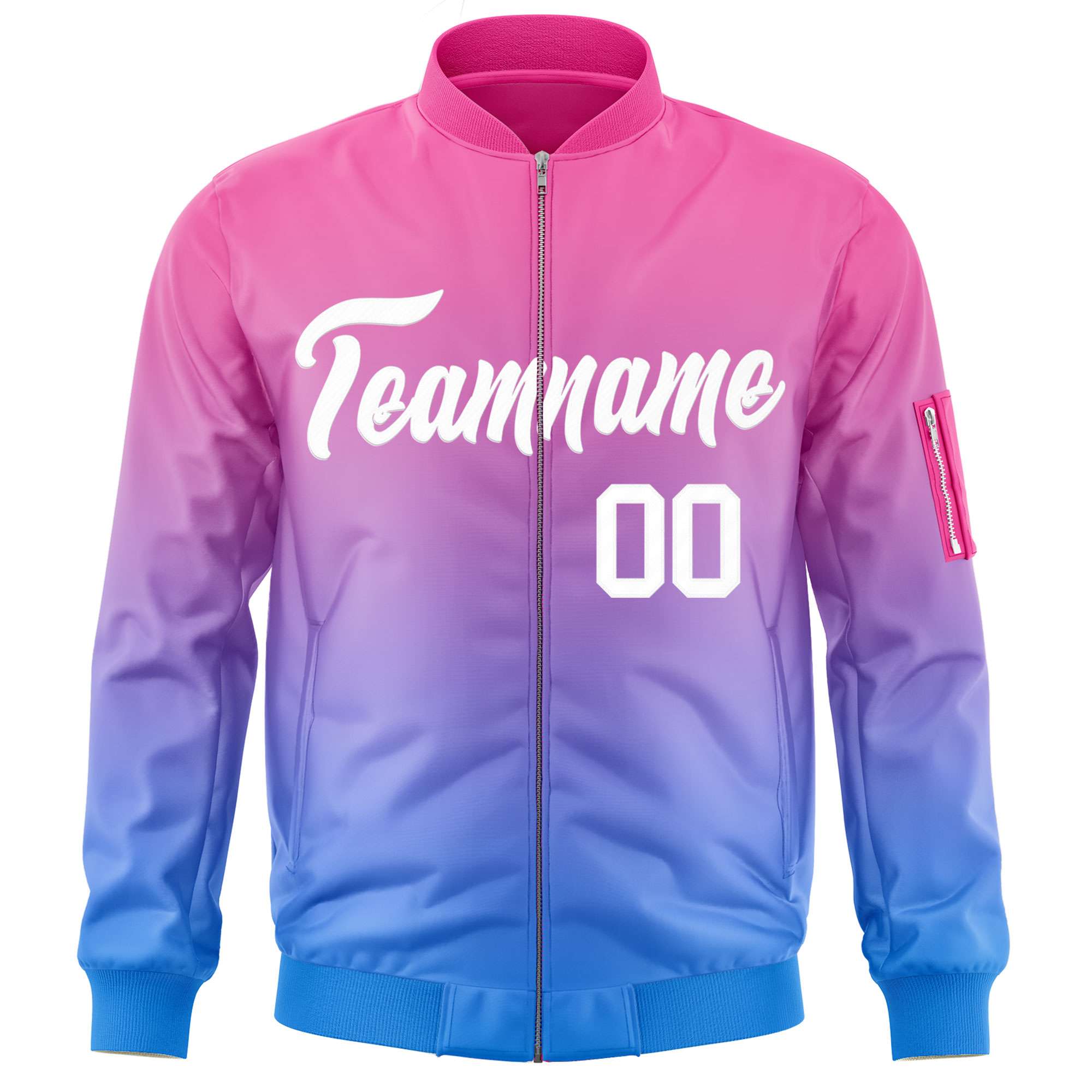 Custom Pink Powder Blue-White Varsity Full-Zip Gradient Fashion Letterman Bomber Jacket