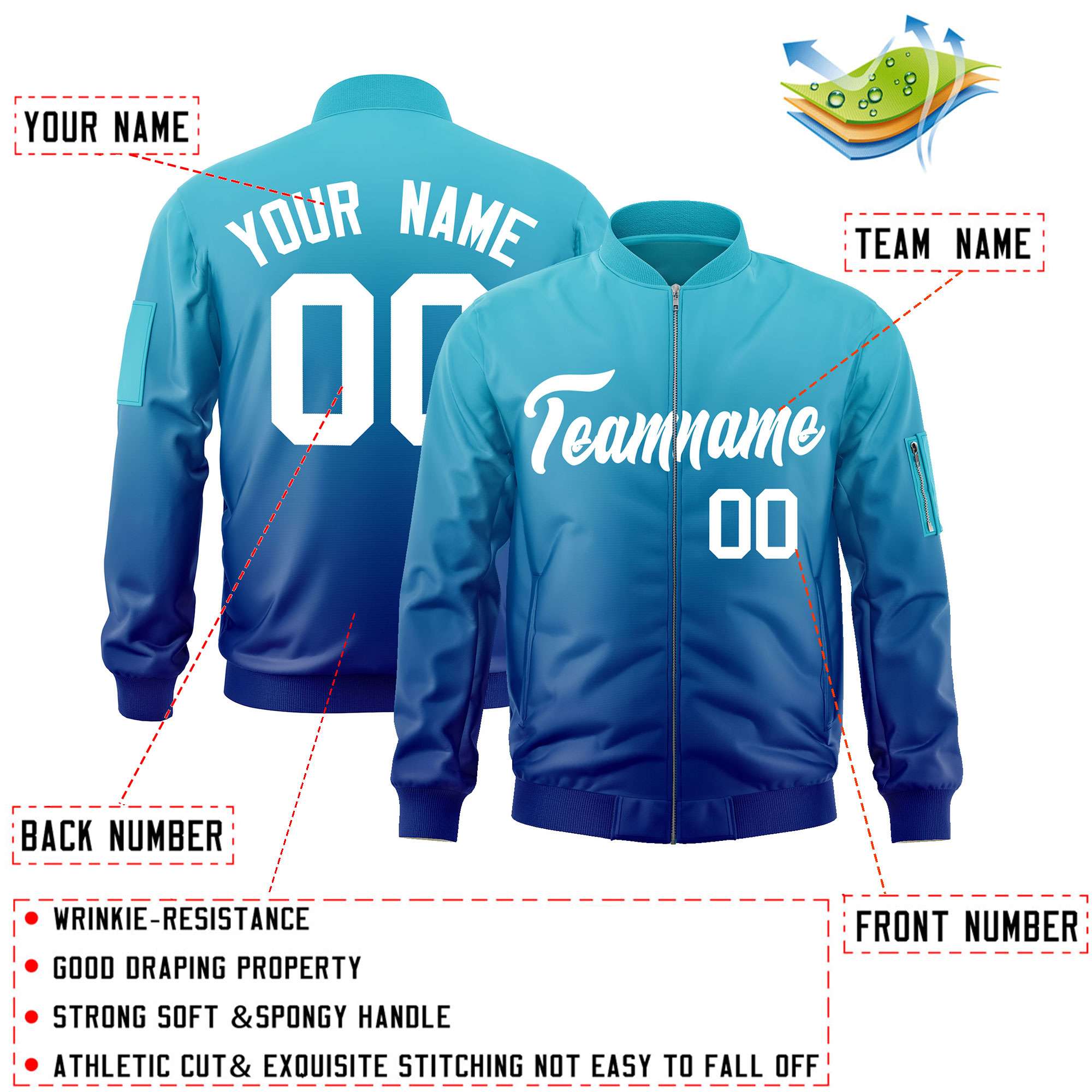 Custom Light Blue Royal-White Varsity Full-Zip Gradient Fashion Letterman Bomber Jacket