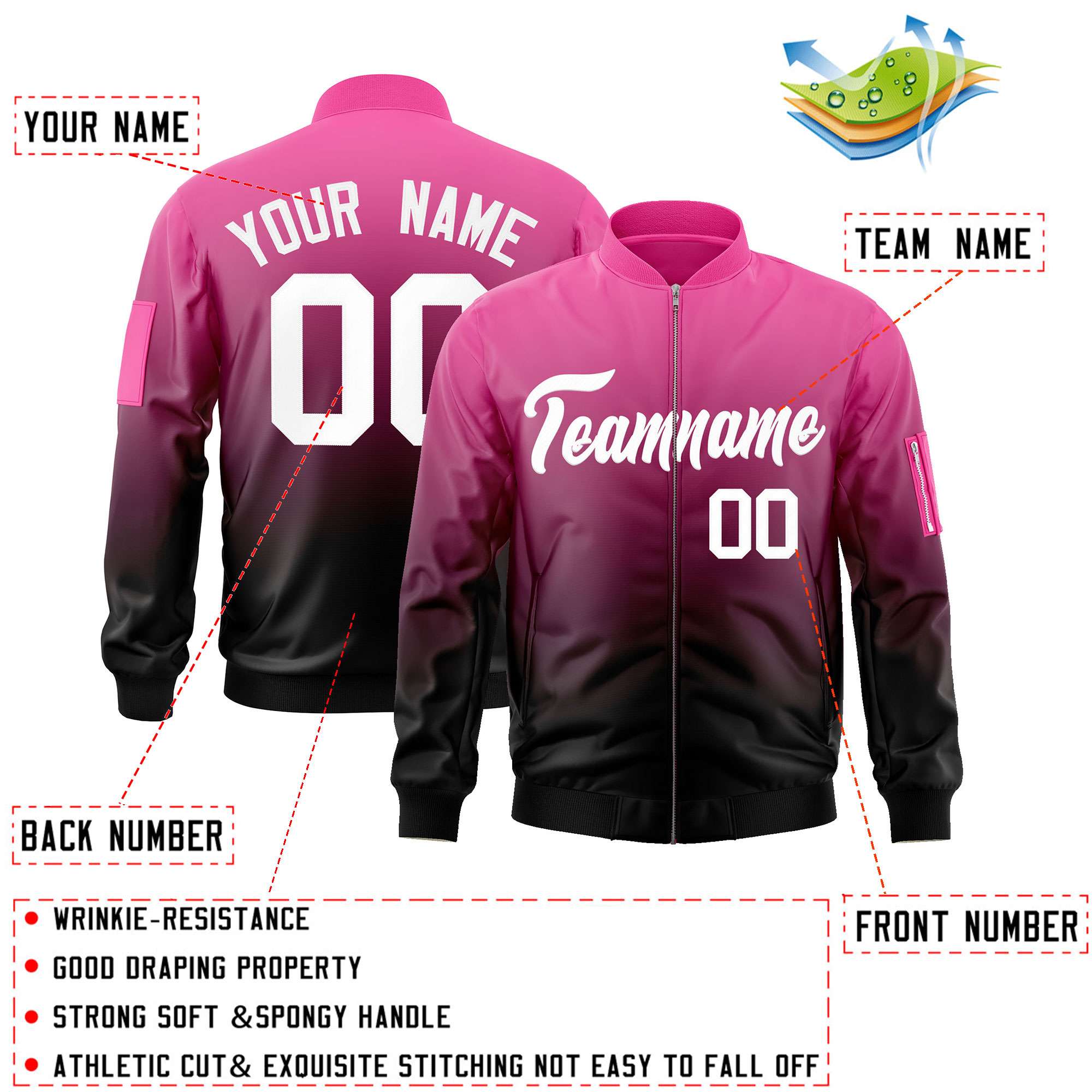 Custom Pink Black-White Varsity Full-Zip Gradient Fashion Letterman Bomber Jacket