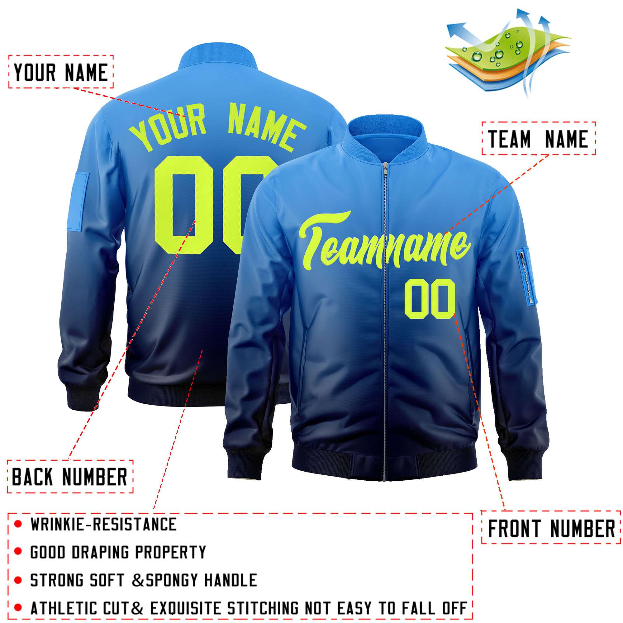 Custom Powder Blue Navy-Neon Green Varsity Full-Zip Gradient Fashion Letterman Bomber Jacket