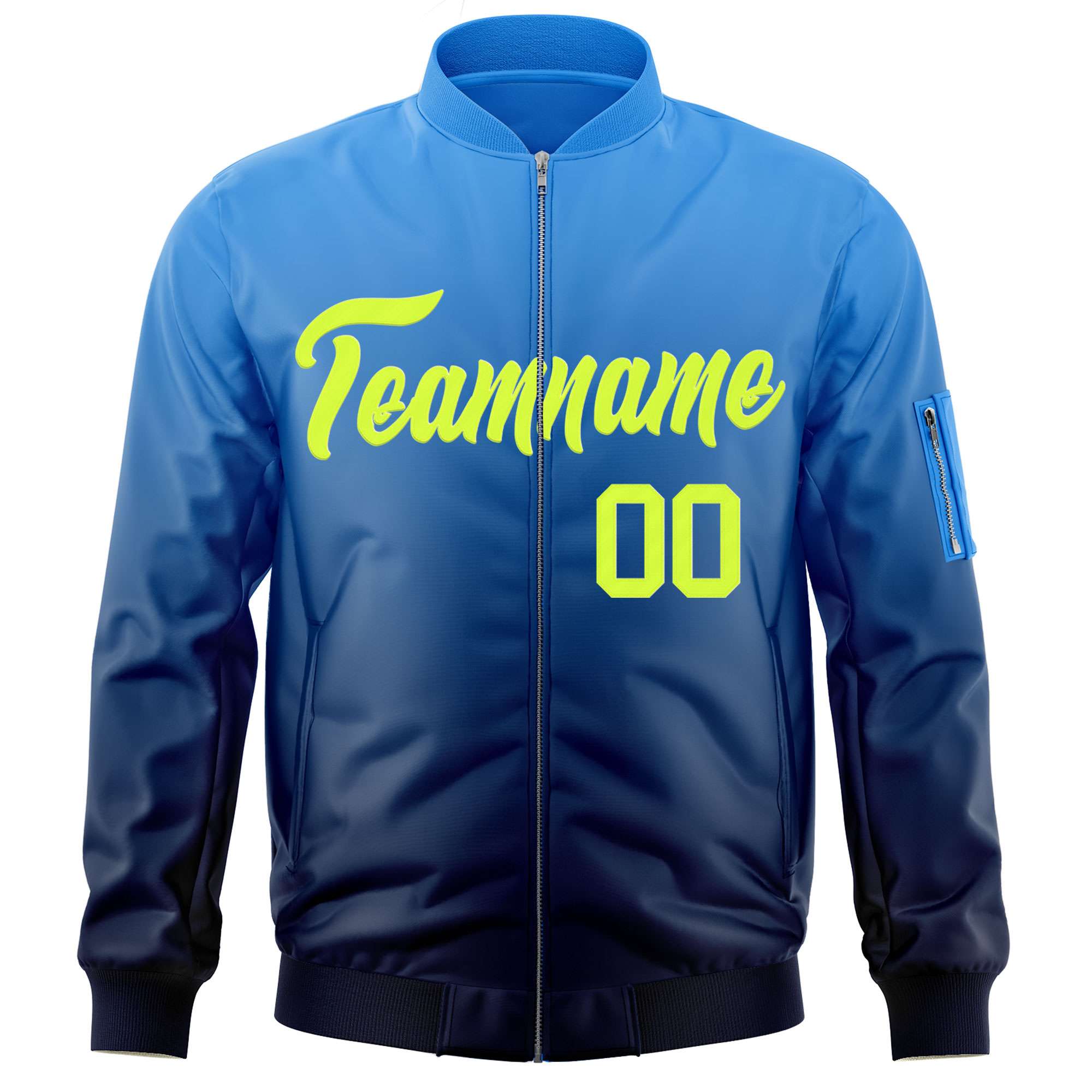 Custom Powder Blue Navy-Neon Green Varsity Full-Zip Gradient Fashion Letterman Bomber Jacket