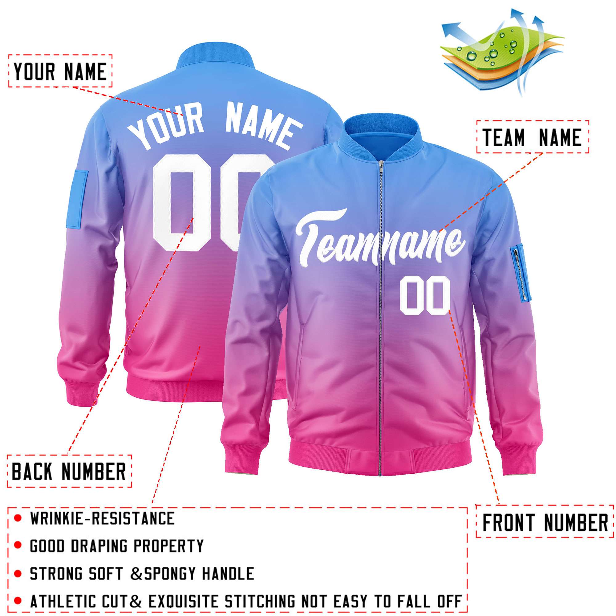 Custom Powder Blue Pink-White Varsity Full-Zip Gradient Fashion Letterman Bomber Jacket