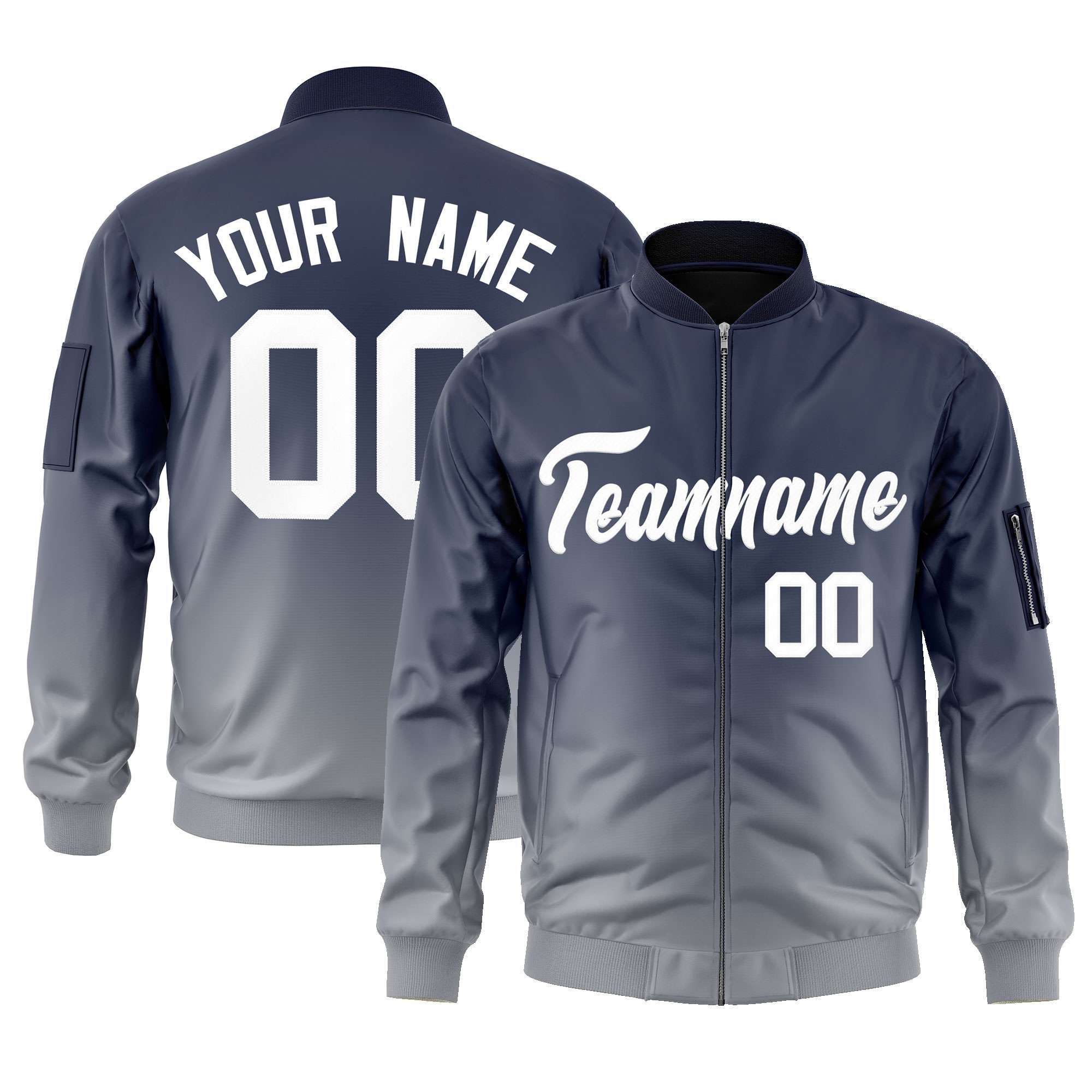 Custom Navy Gray-White Varsity Full-Zip Gradient Fashion Letterman Bomber Jacket