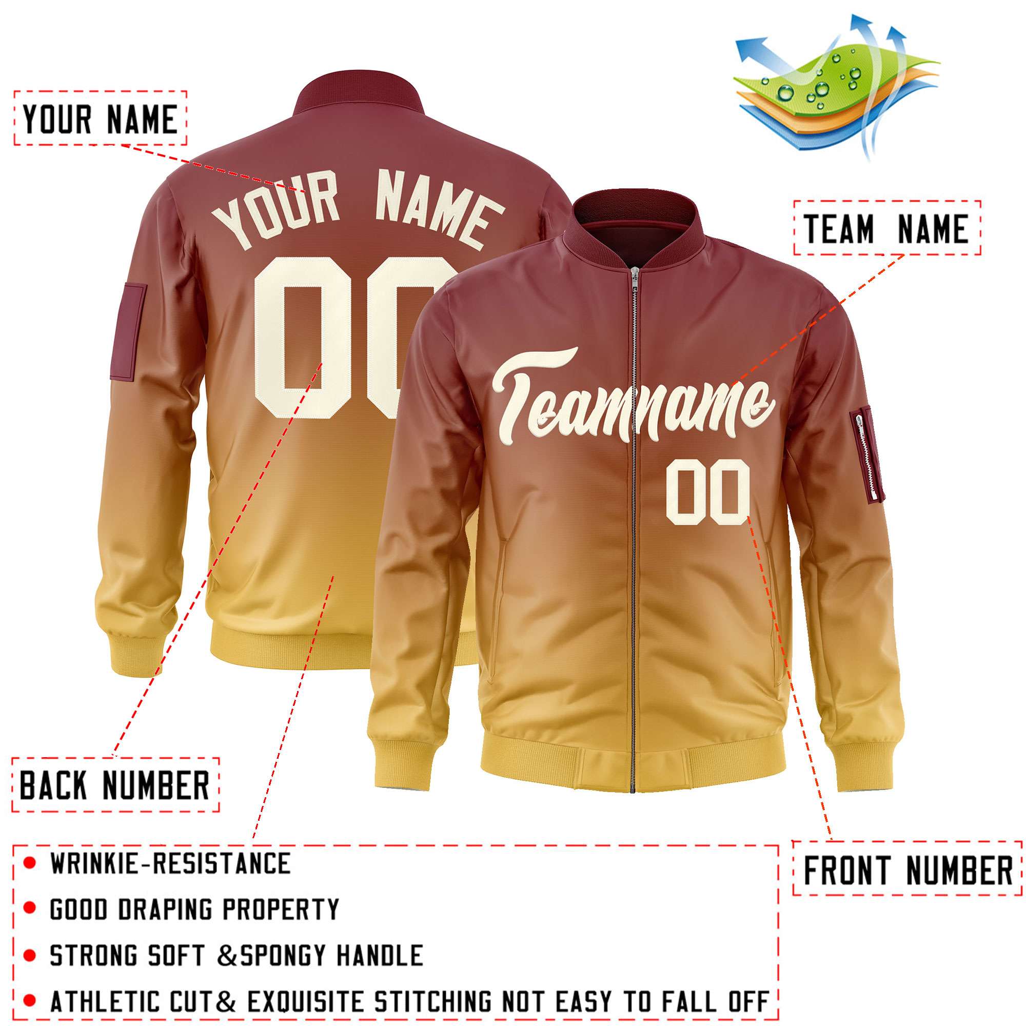 Custom Crimson Yellow-Cream Varsity Full-Zip Gradient Fashion Letterman Bomber Jacket