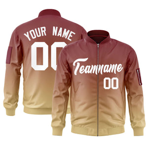 Custom Crimson Khaki-White Varsity Full-Zip Gradient Fashion Letterman Bomber Jacket