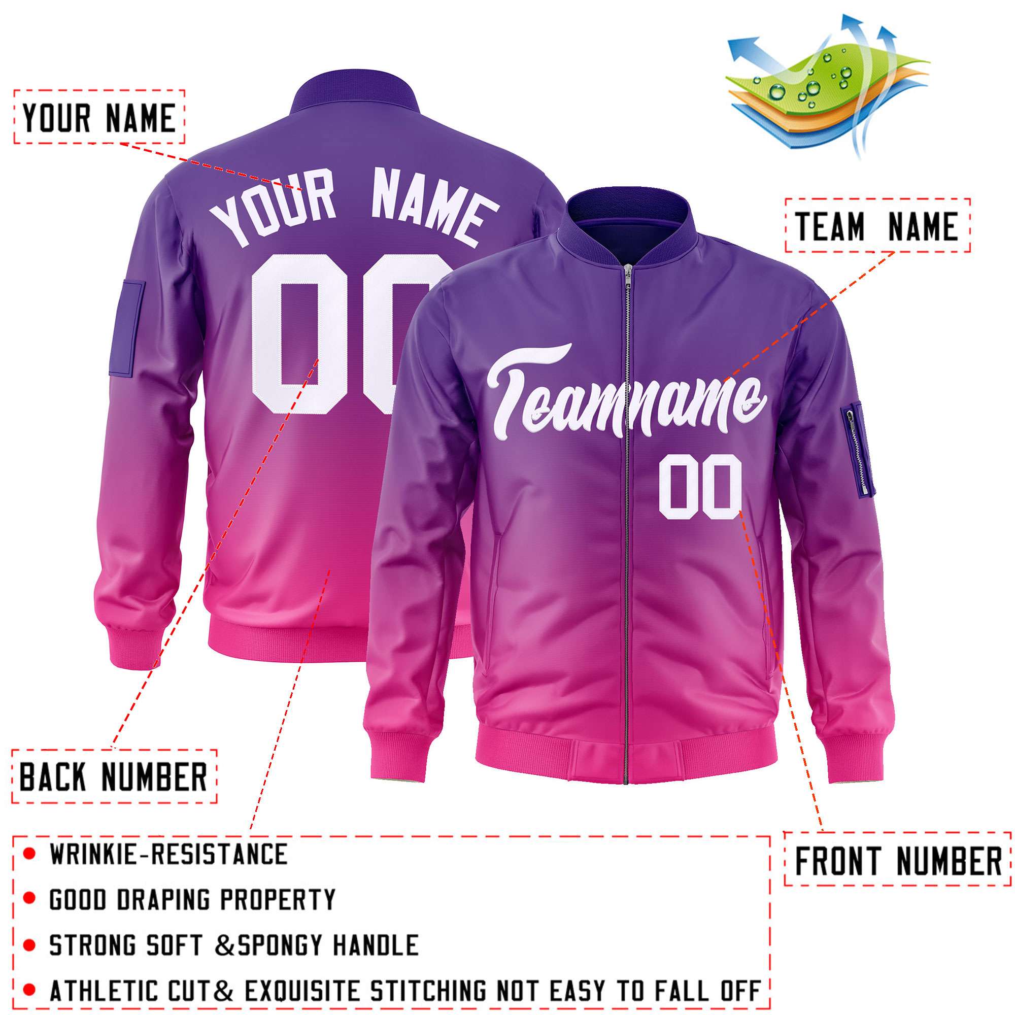 Custom Purple Pink-White Varsity Full-Zip Gradient Fashion Letterman Bomber Jacket