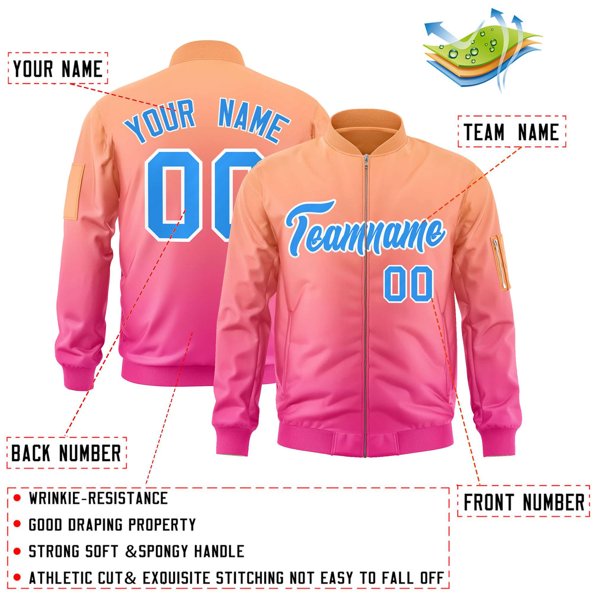 Custom Orange Pink-Powder Blue Varsity Full-Zip Gradient Fashion Letterman Bomber Jacket